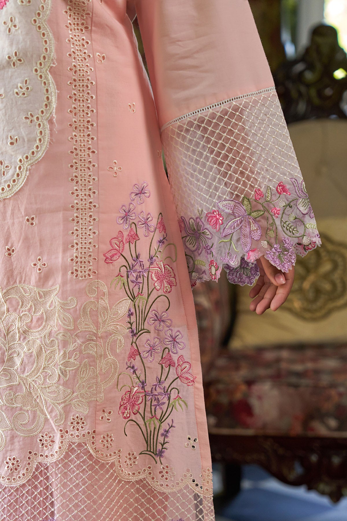 Pink Cotton Embroidered Suit Set