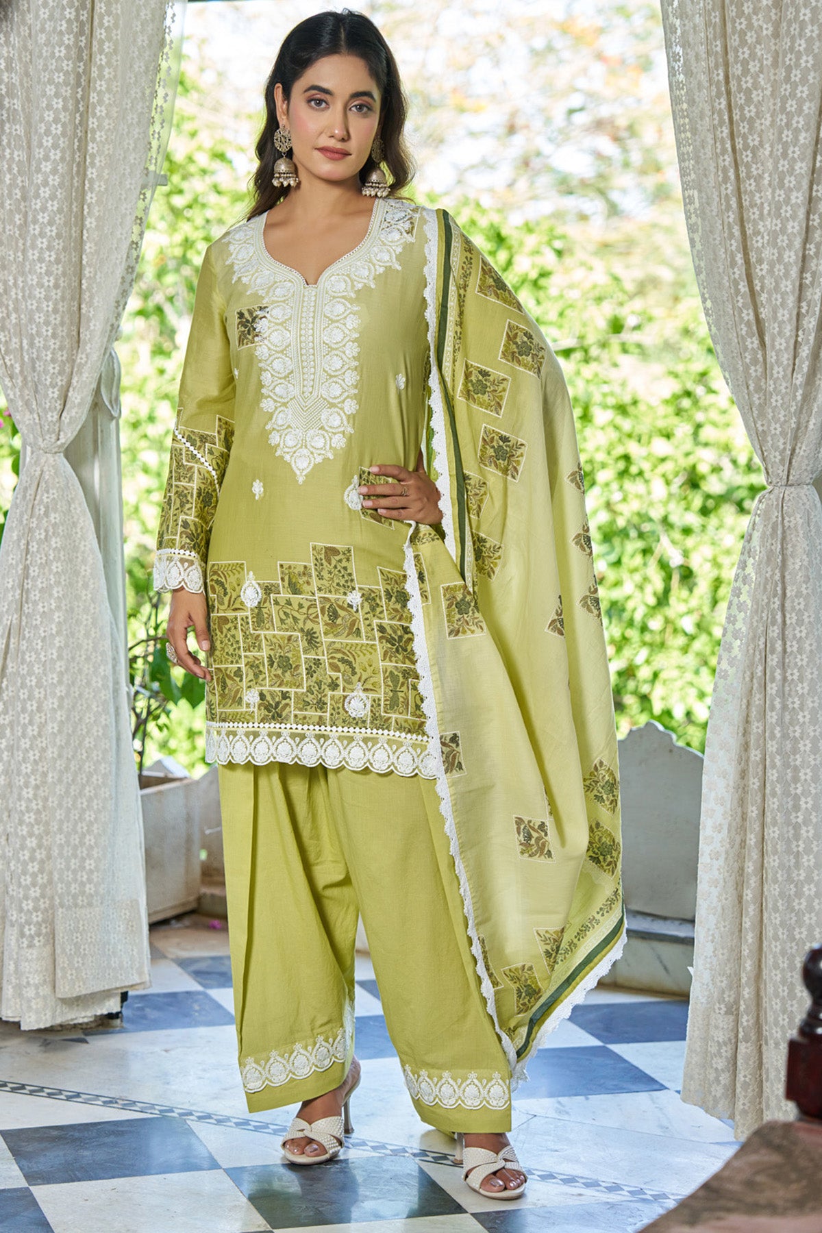 Green Cotton Handwork Suit Set
