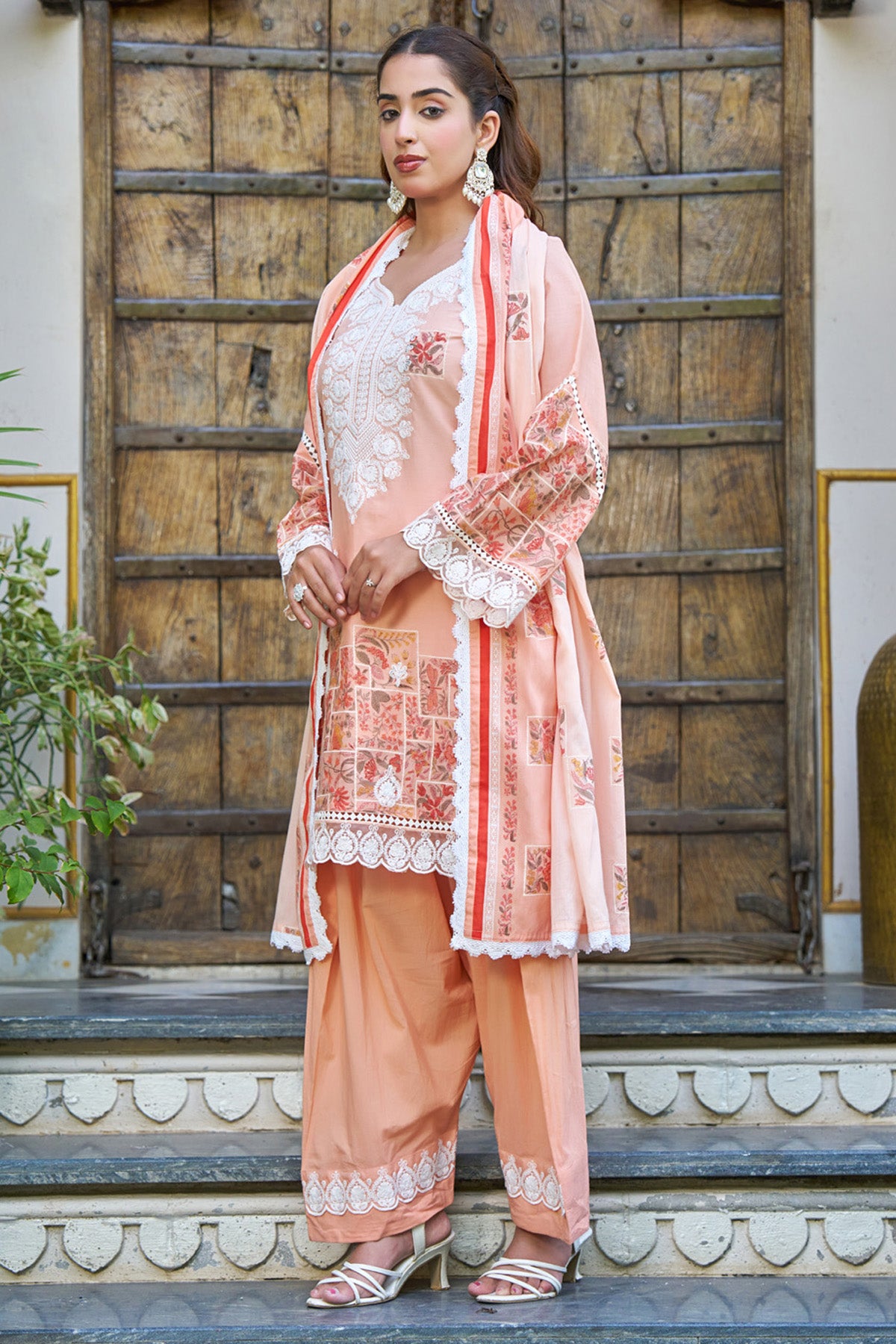 Peach Cotton Handwork Suit Set