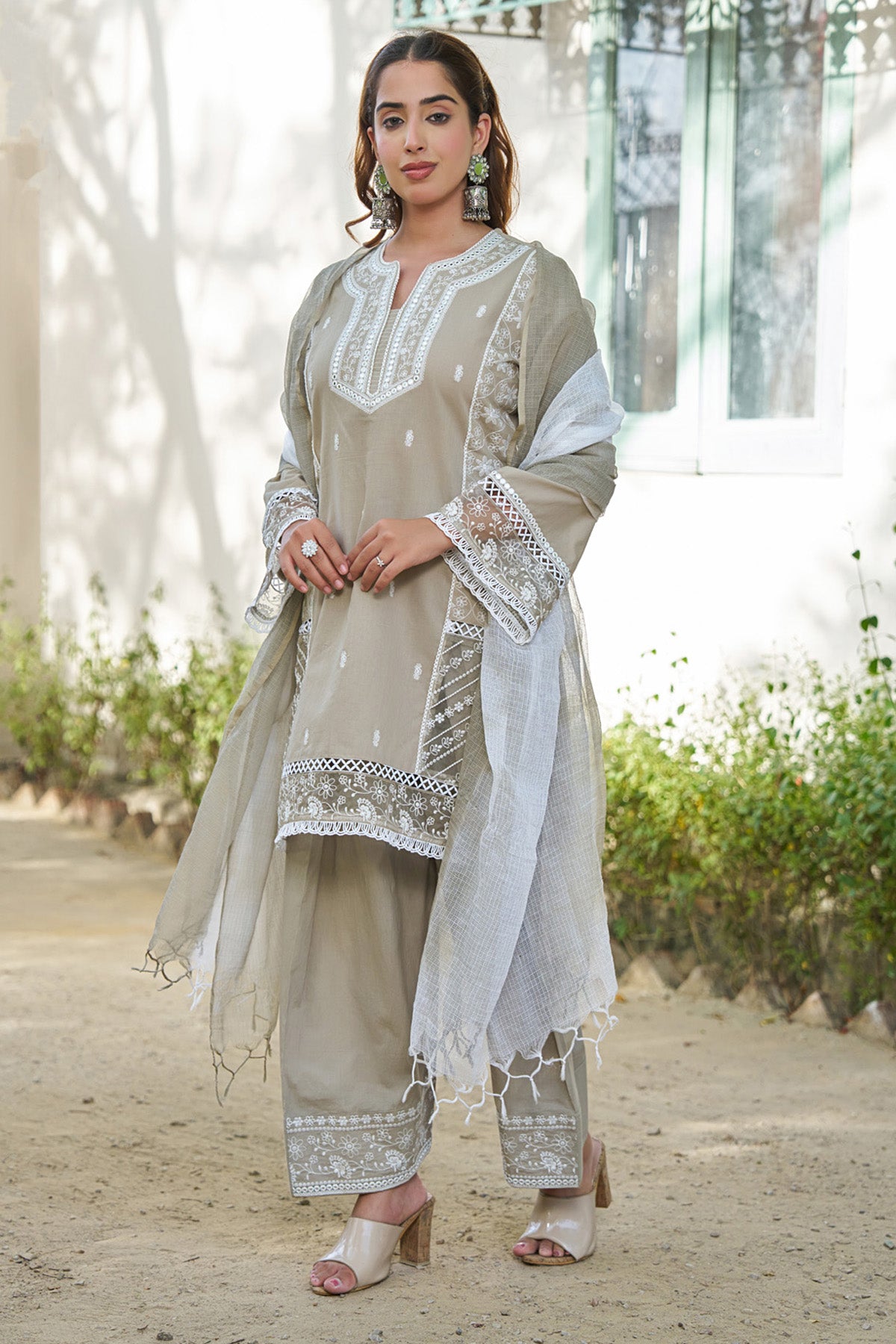 Grey cotton embroidered Farshi Suit Set With Dupatta