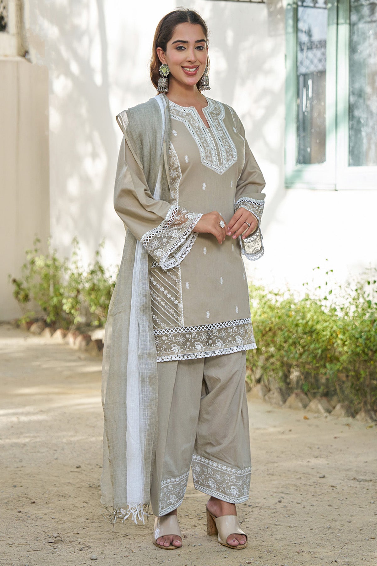 Grey cotton embroidered Farshi Suit Set With Dupatta