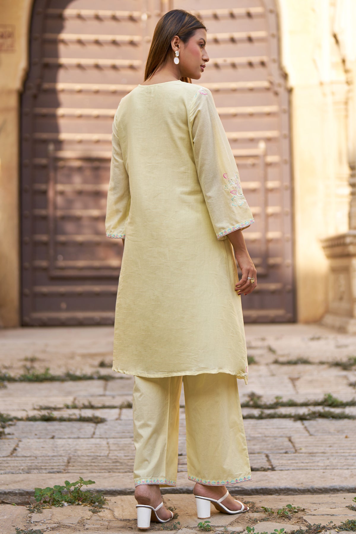 Yellow Mul Mul Embroidered Co-ord Set