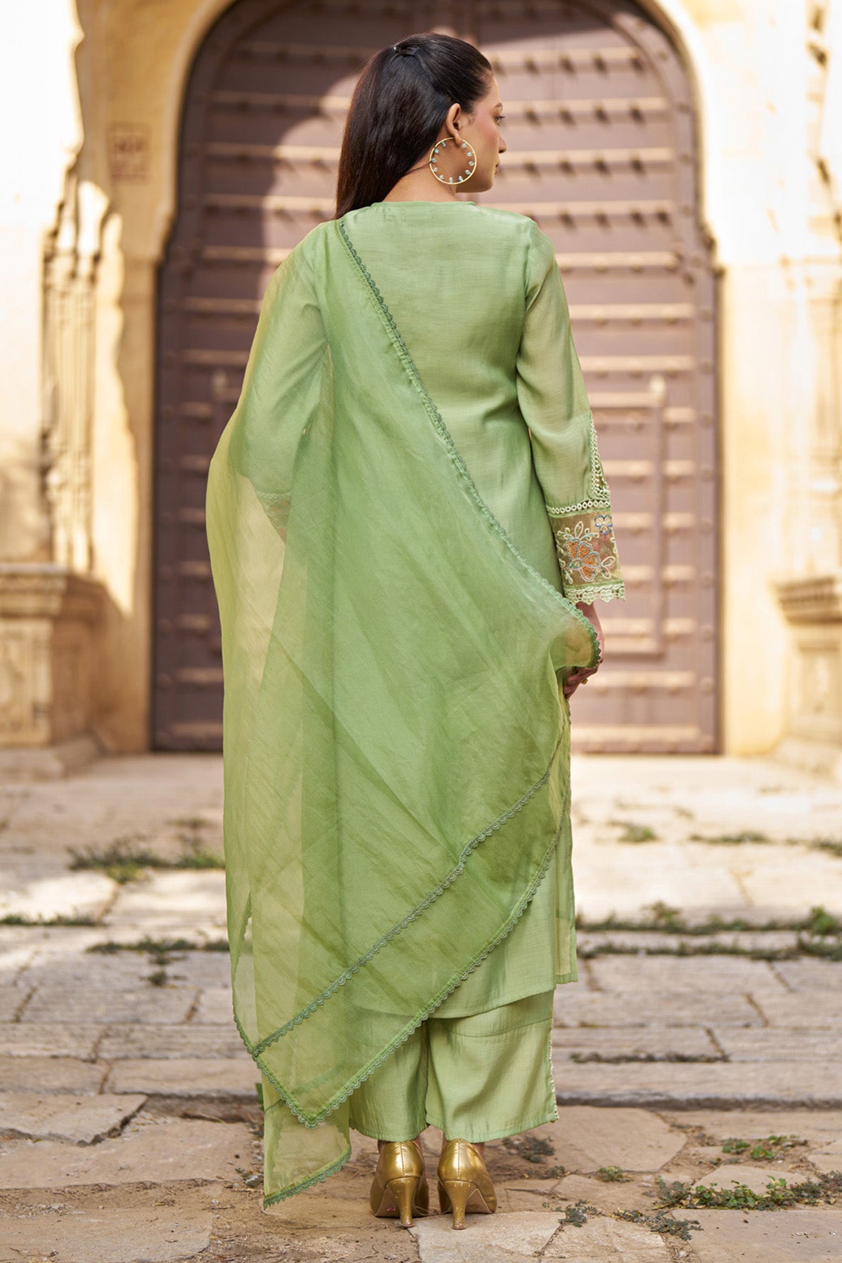 Green Mul Chanderi Handwork Suit Set