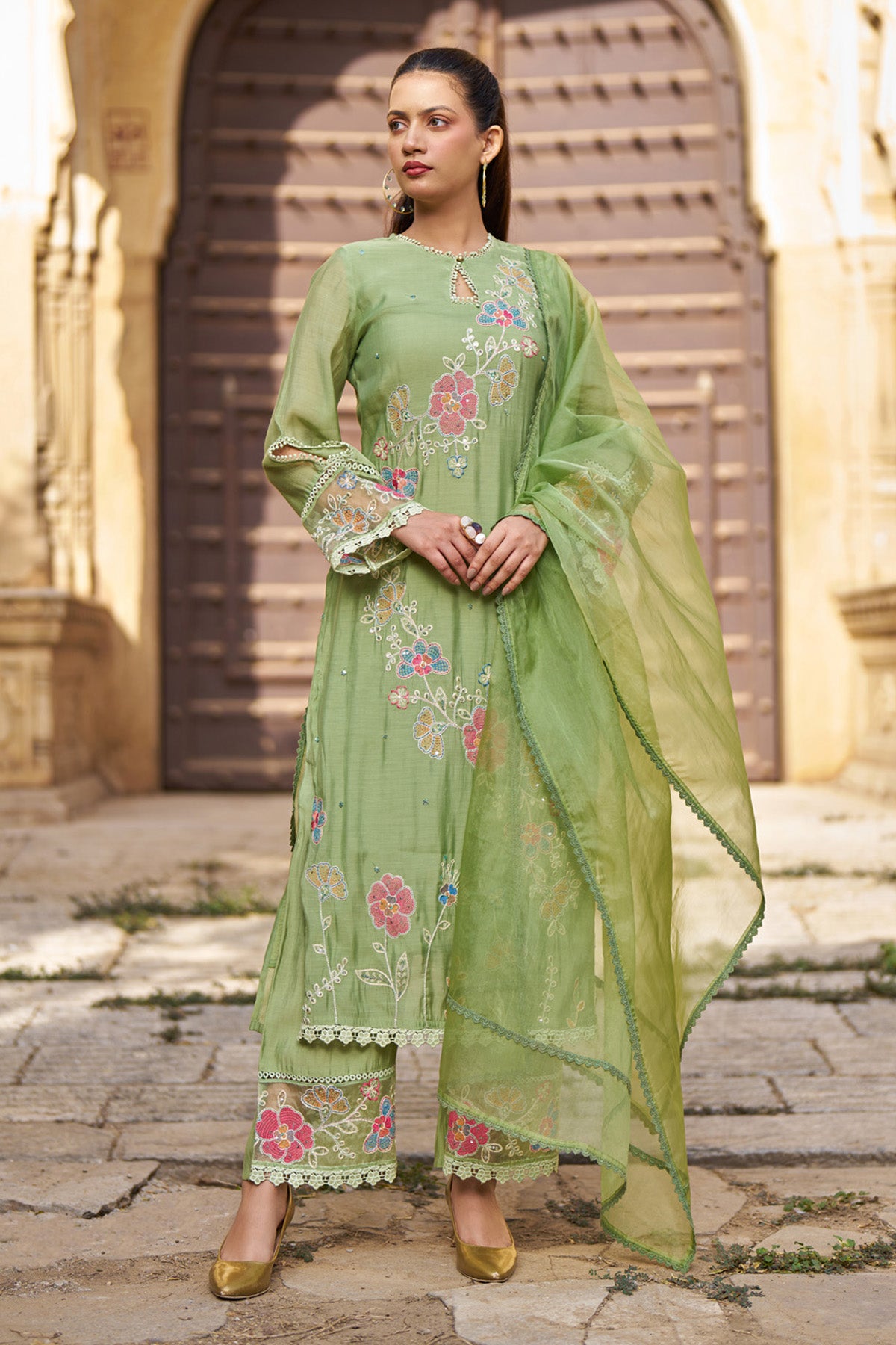 Green Mul Chanderi Handwork Suit Set