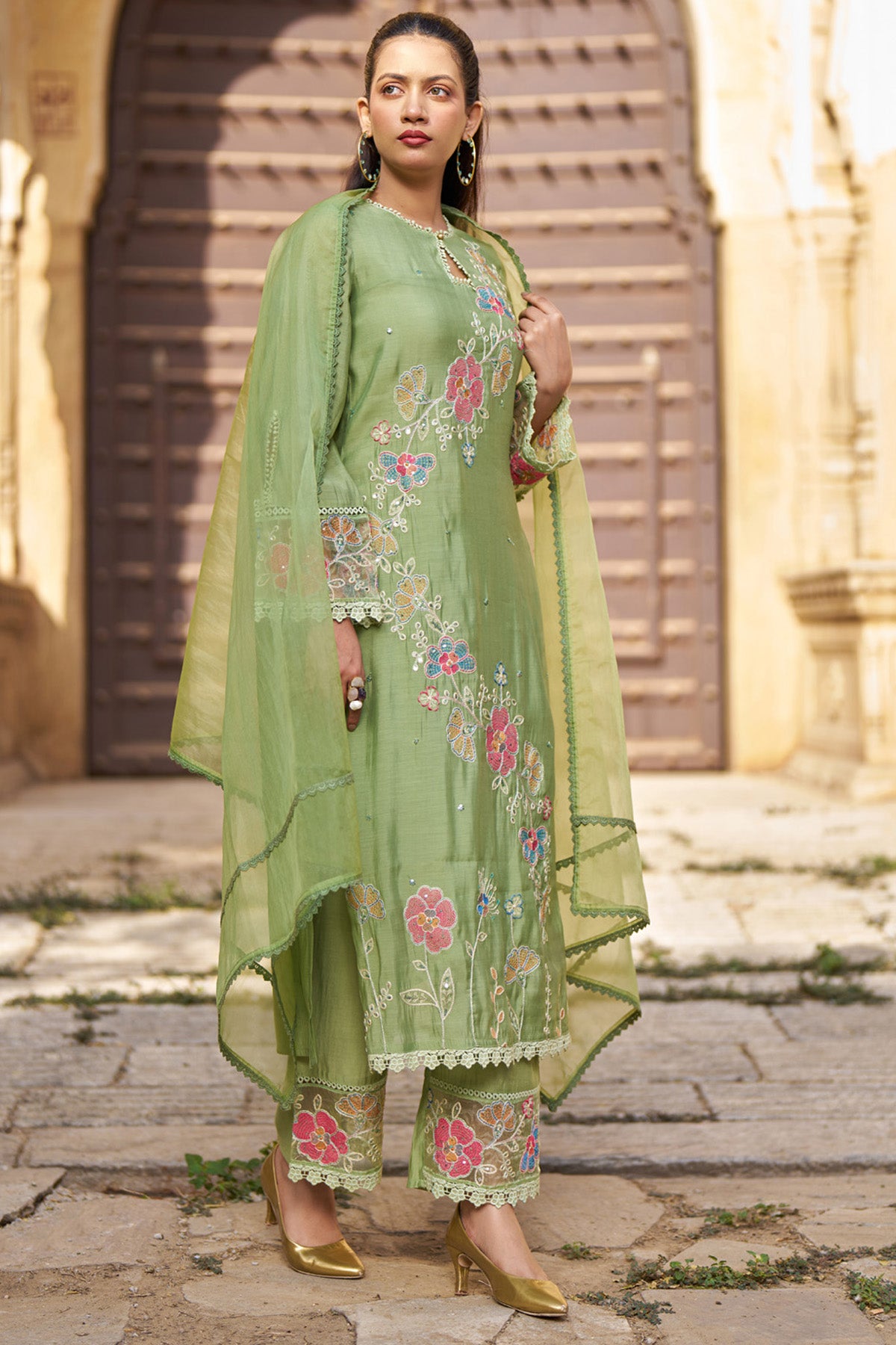 Green Mul Chanderi Handwork Suit Set