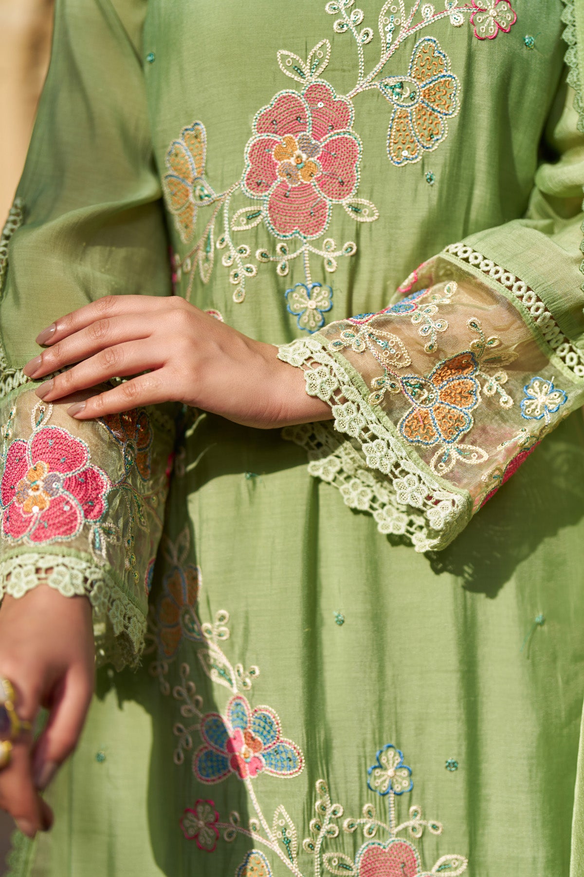 Green Mul Chanderi Handwork Suit Set