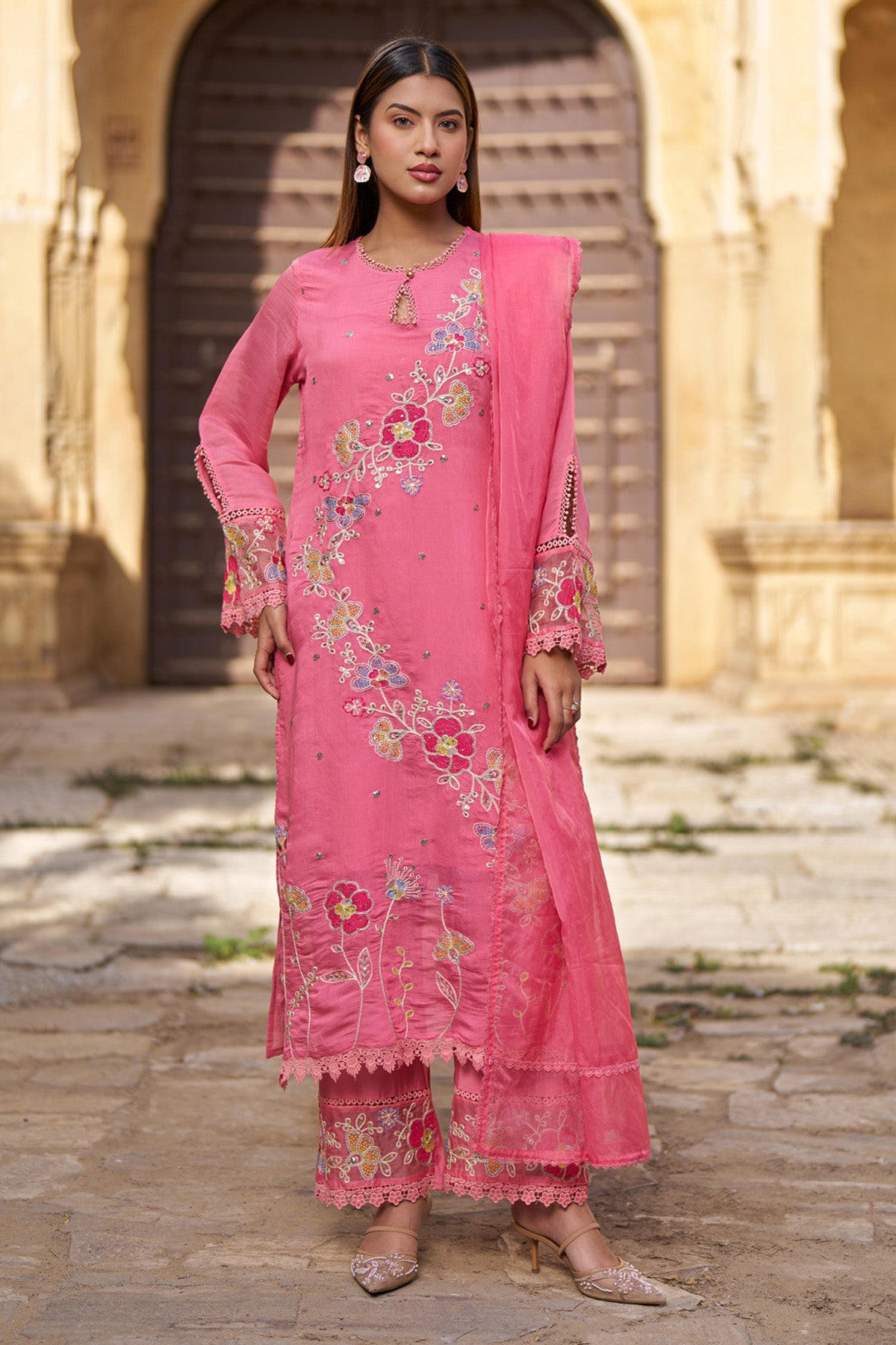 Pink Mul Chanderi Handwork Suit Set