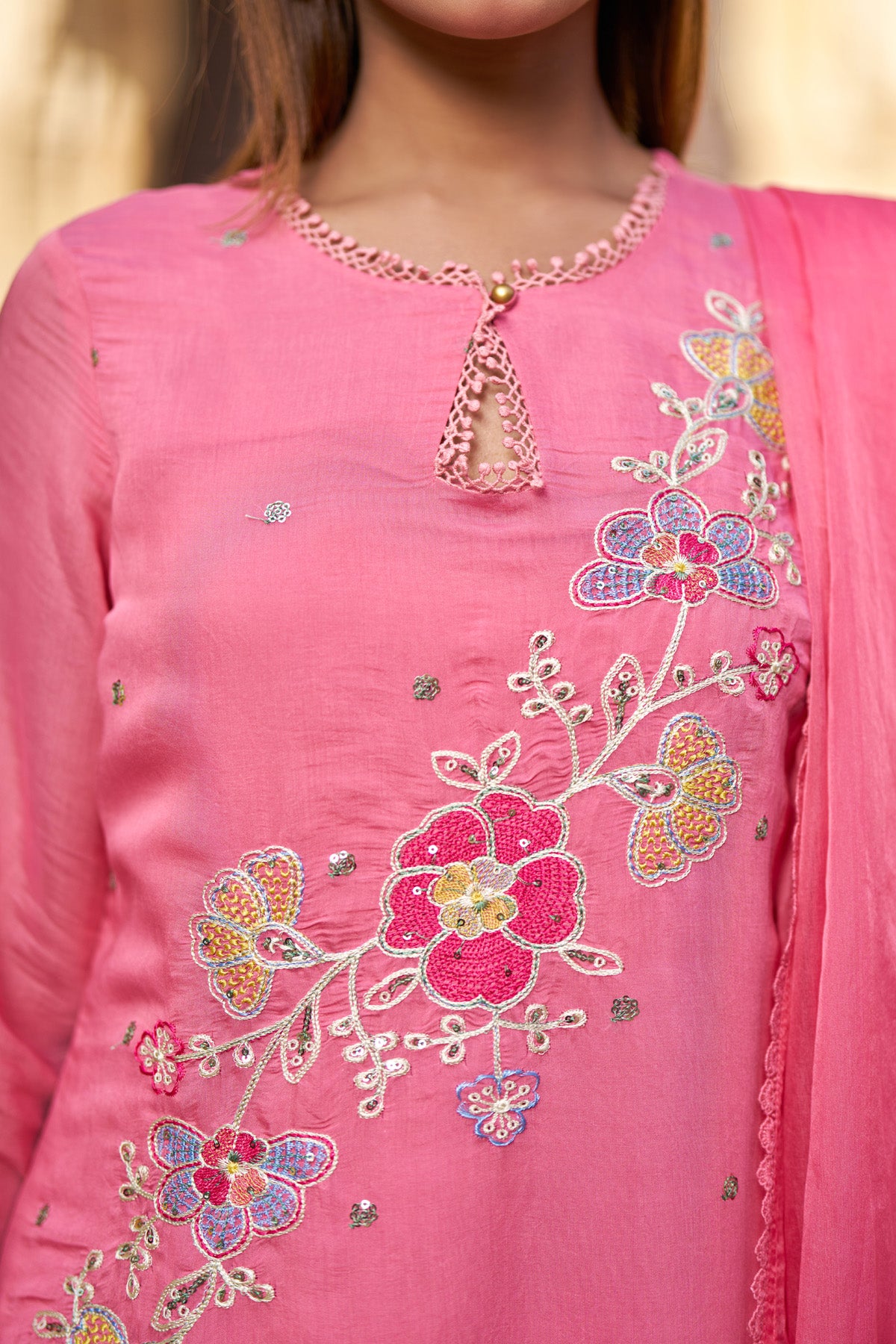 Pink Mul Chanderi Handwork Suit Set