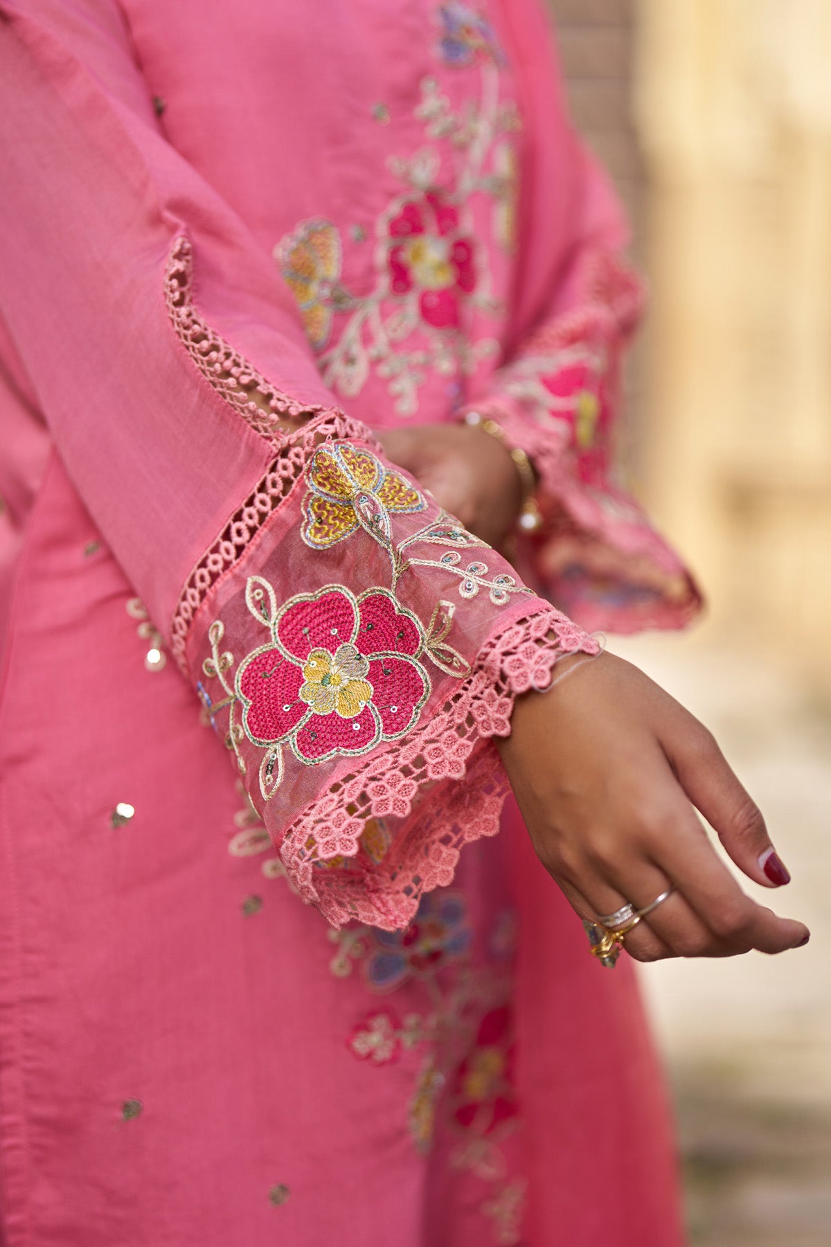 Pink Mul Chanderi Handwork Suit Set