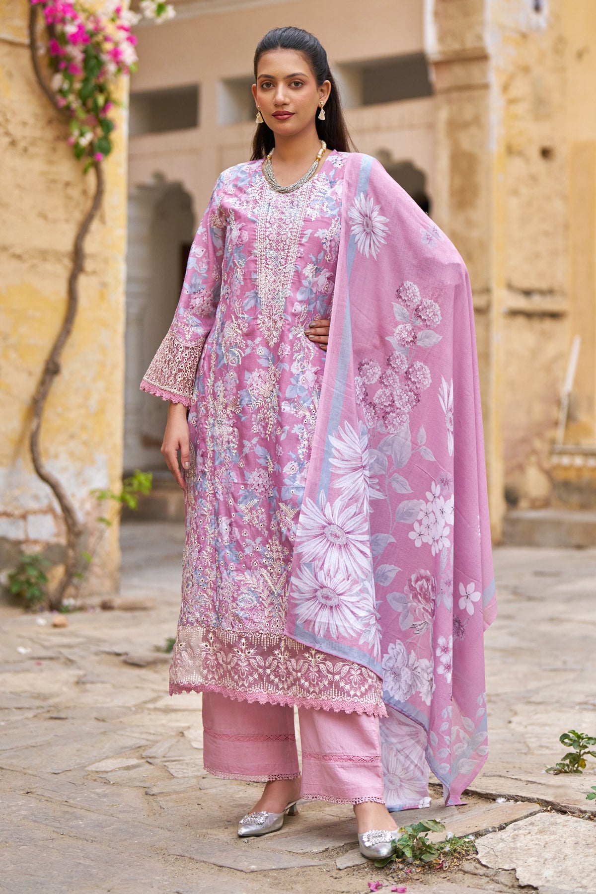 Pink Cotton Embroidered Suit Set