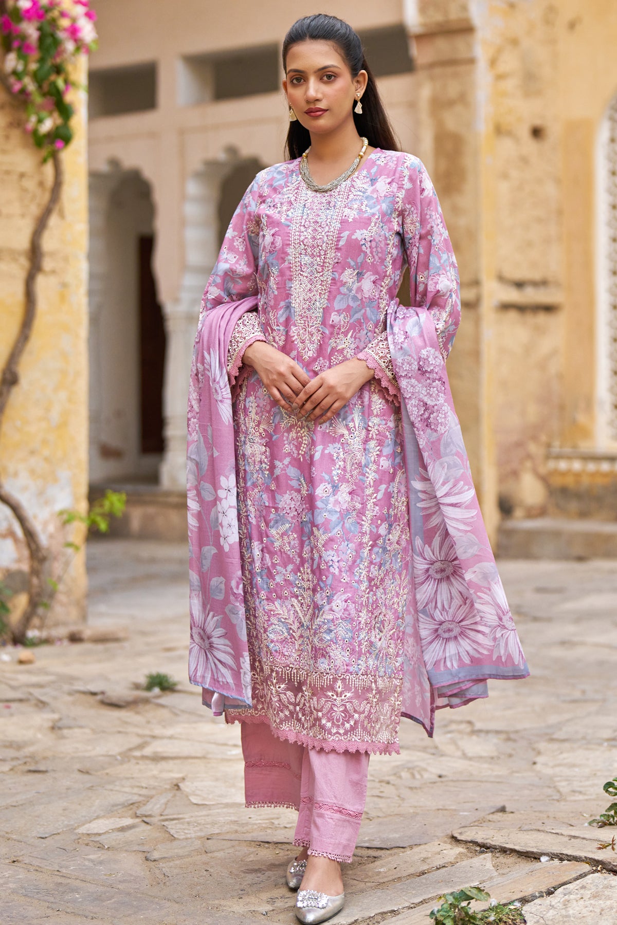 Pink Cotton Embroidered Suit Set