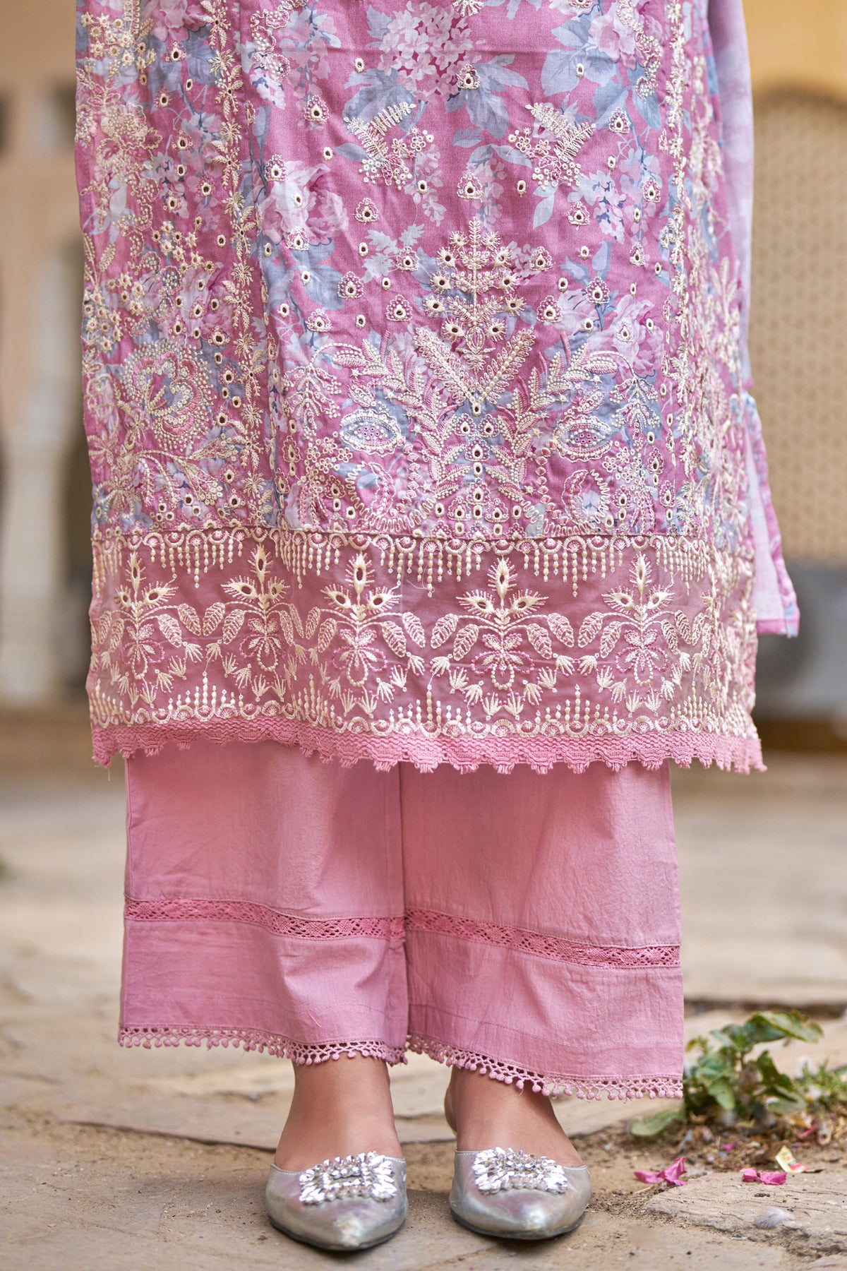 Pink Cotton Embroidered Suit Set