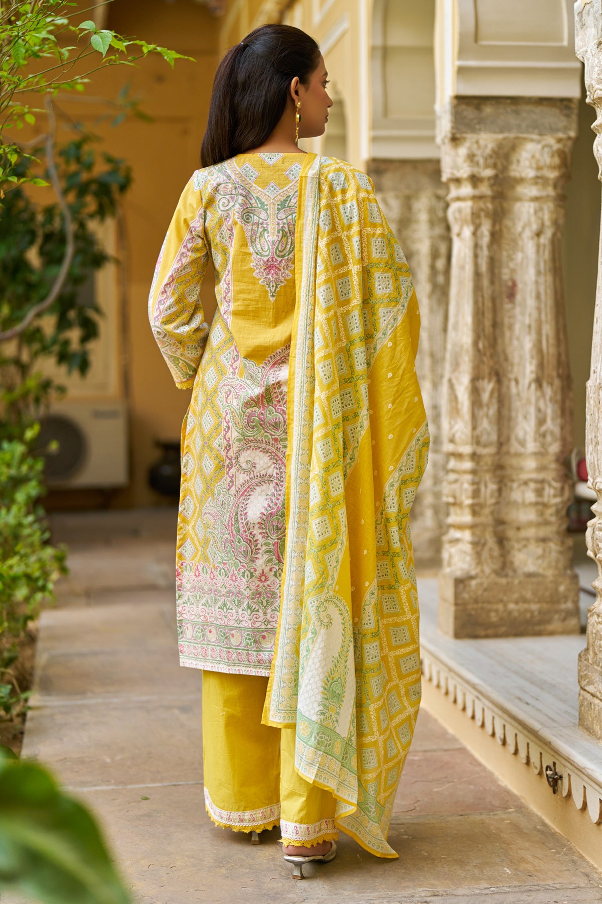 Yellow Cotton Embroidered Suit Set