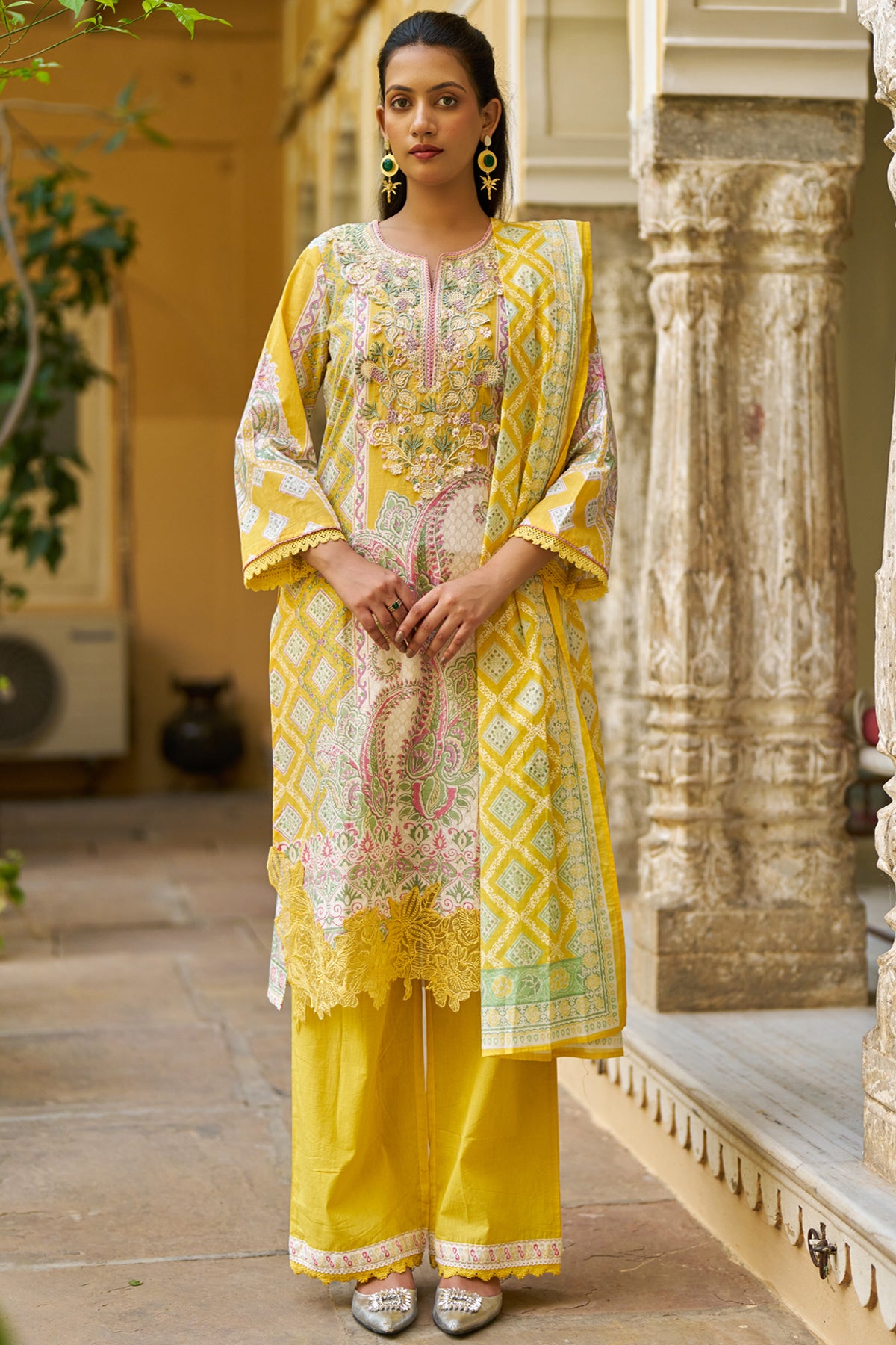 Yellow Cotton Embroidered Suit Set