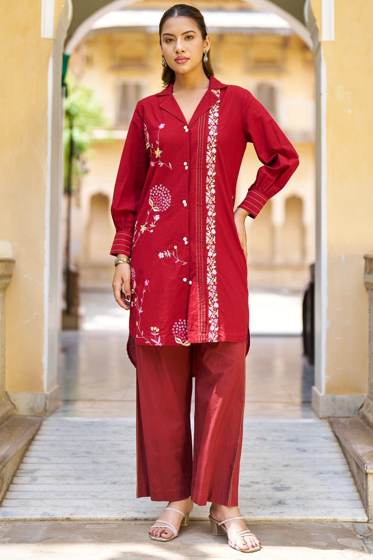 Red Cotton Embroidered Cord Set