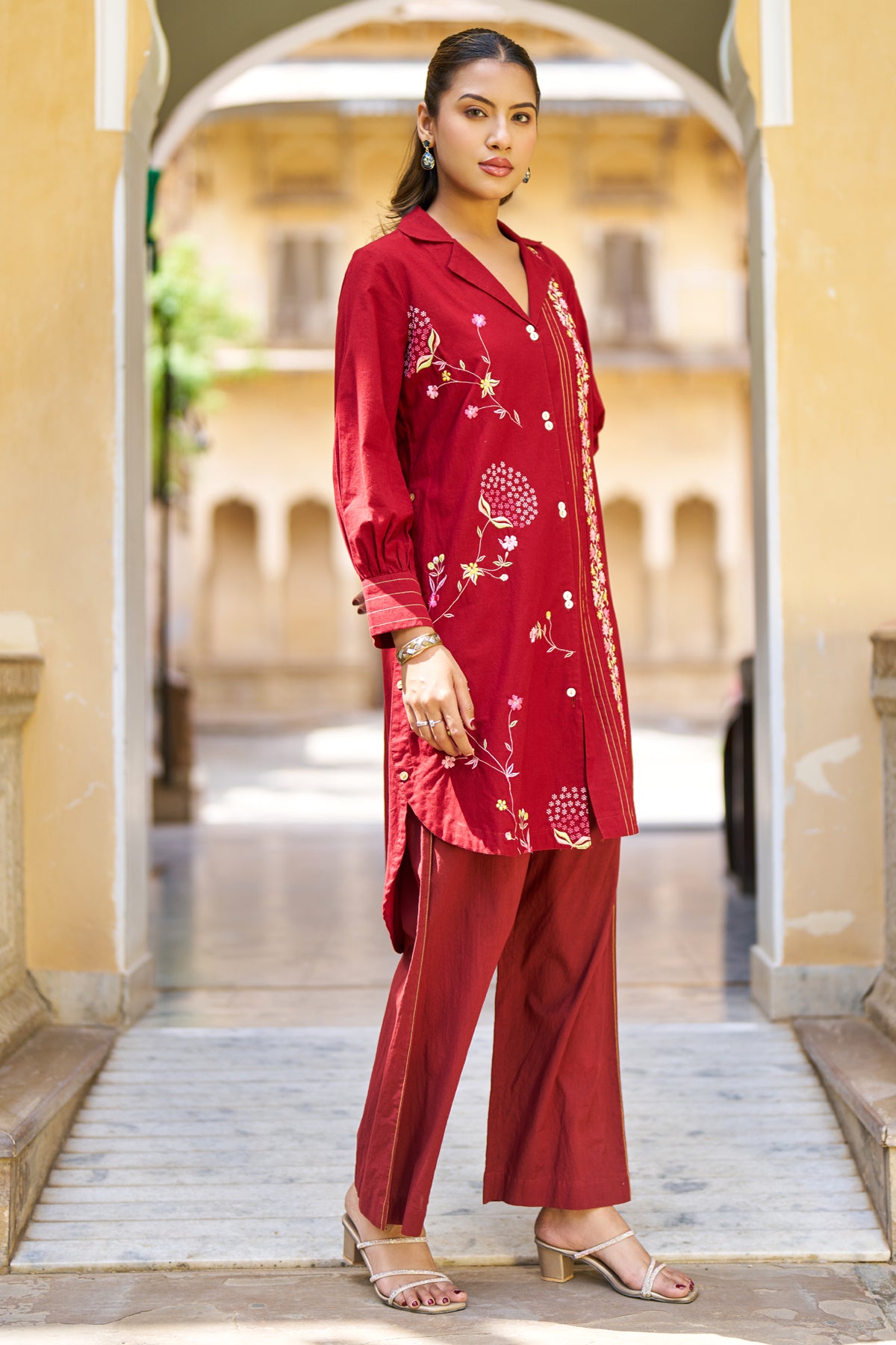 Red Cotton Embroidered Cord Set