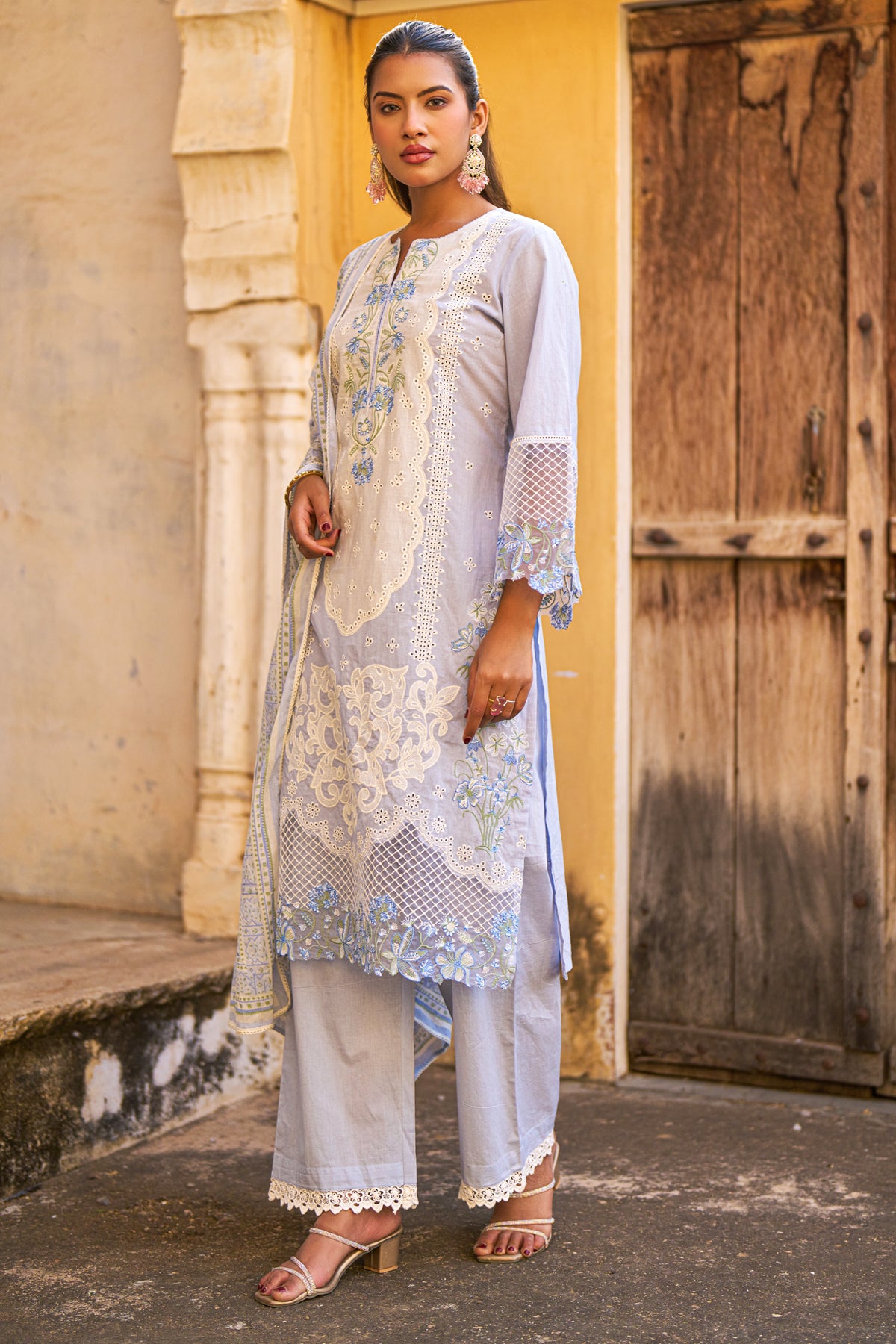 Blue Cotton Embroidered Suit Set