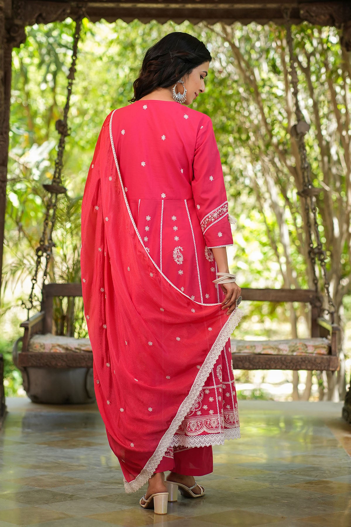 Red Cotton Embroidered Anarkali Suit