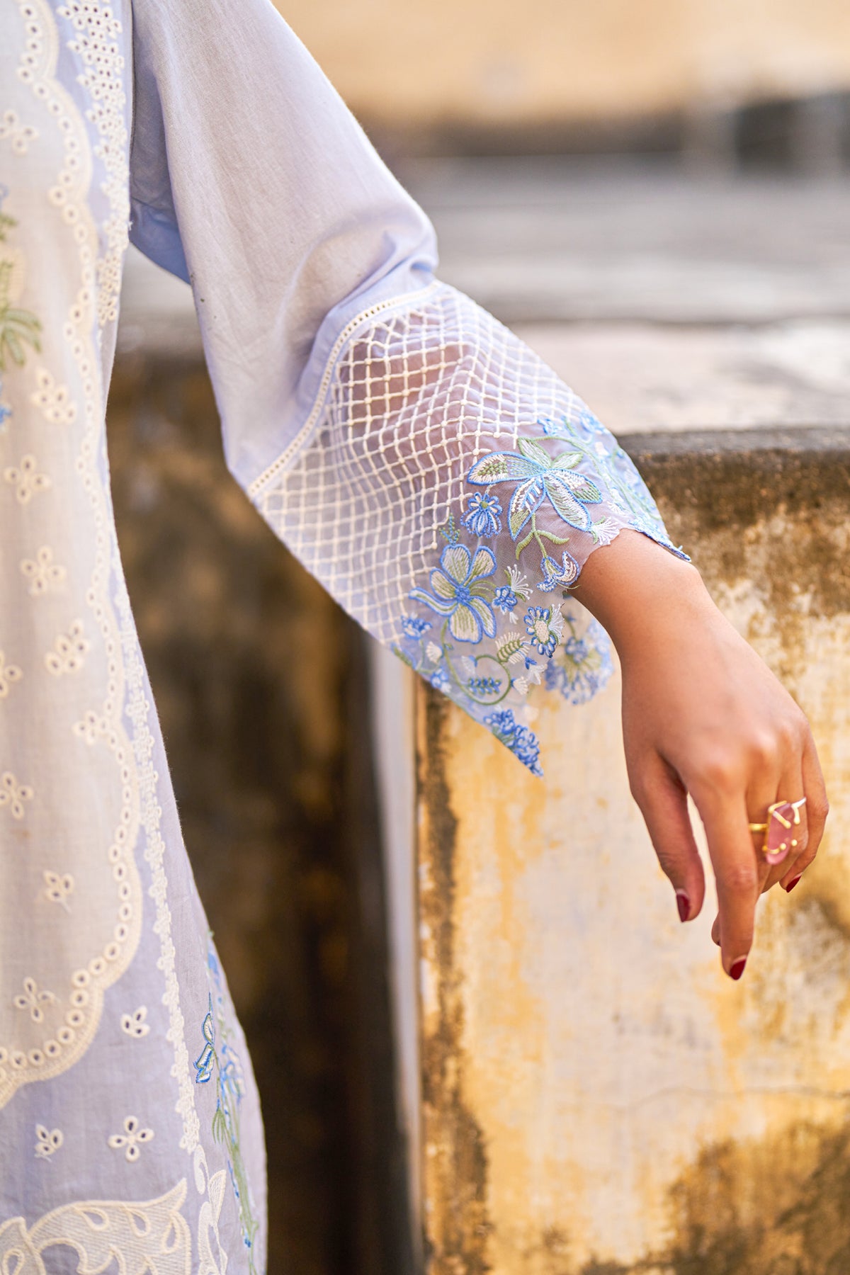 Blue Cotton Embroidered Suit Set