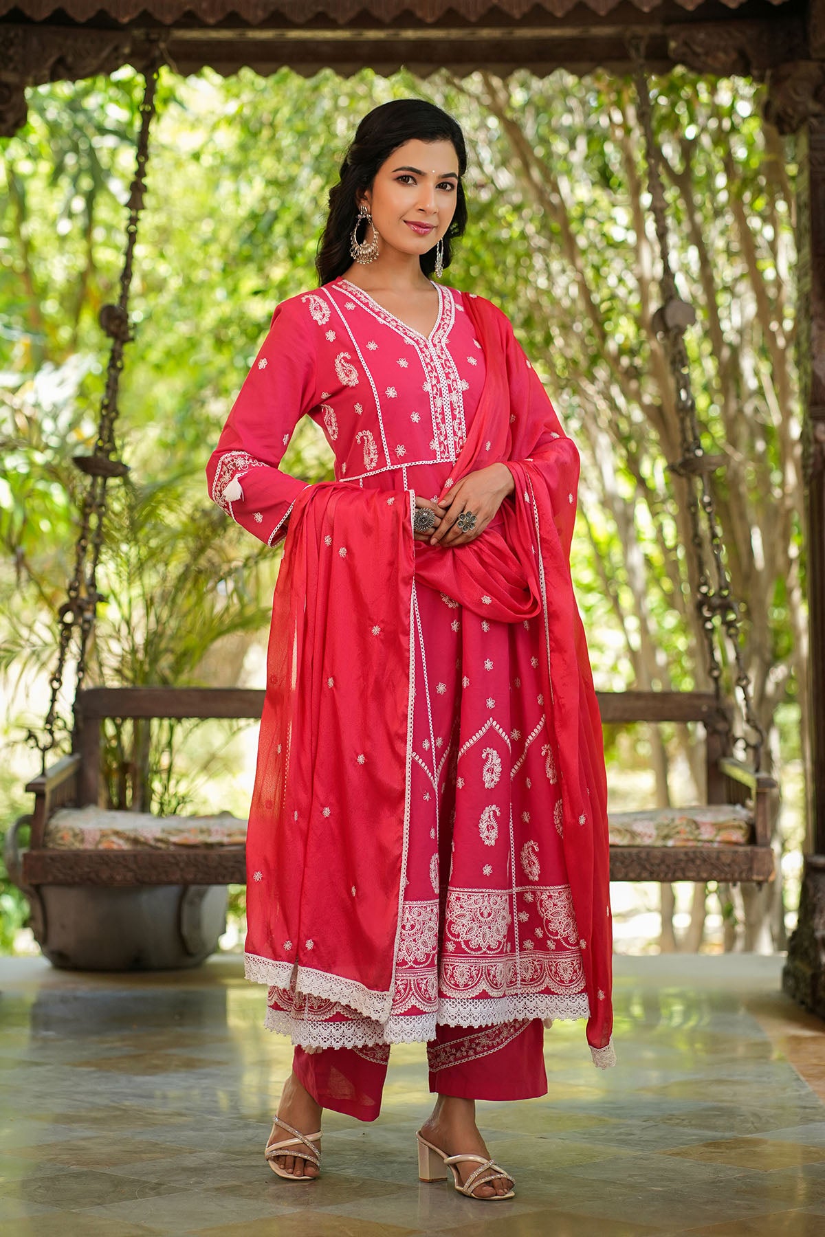 Red Cotton Embroidered Anarkali Suit