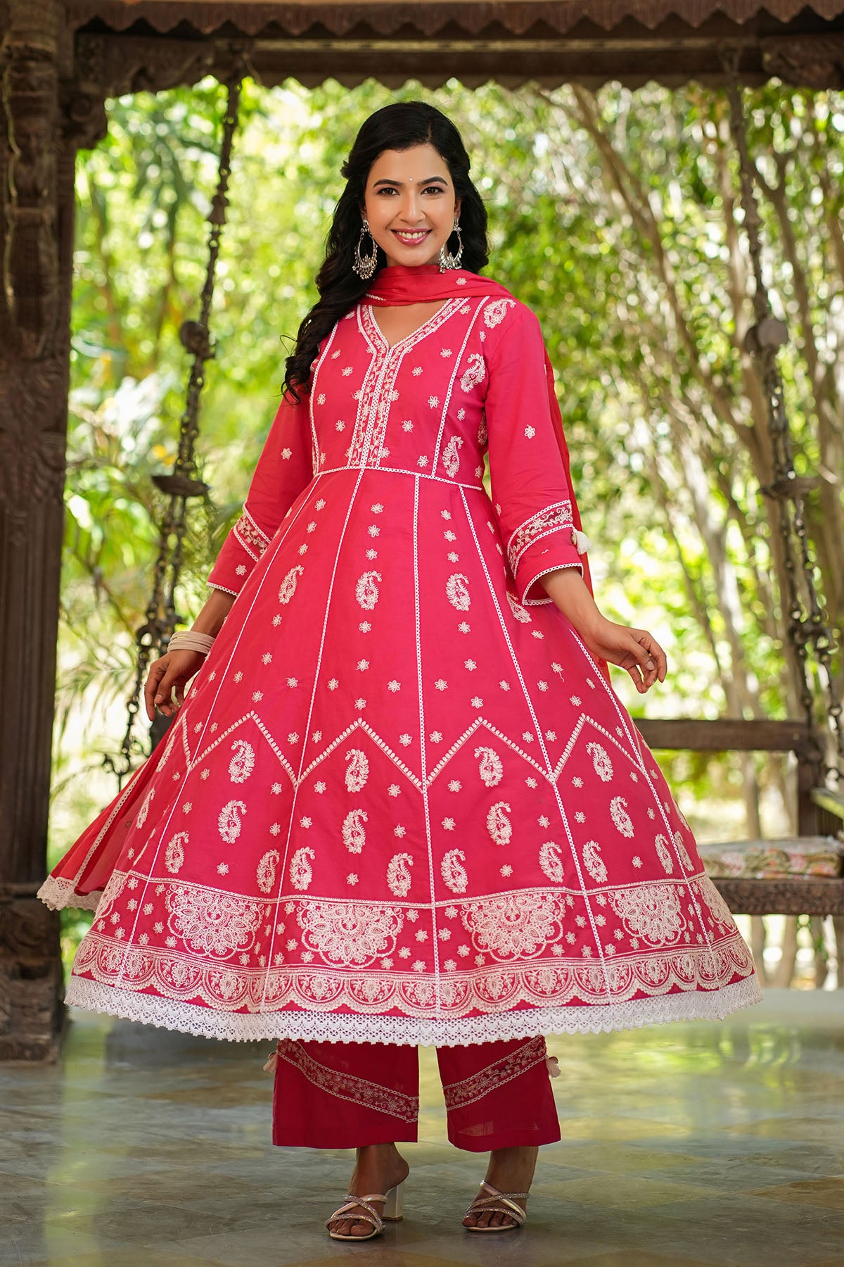 Red Cotton Embroidered Anarkali Suit