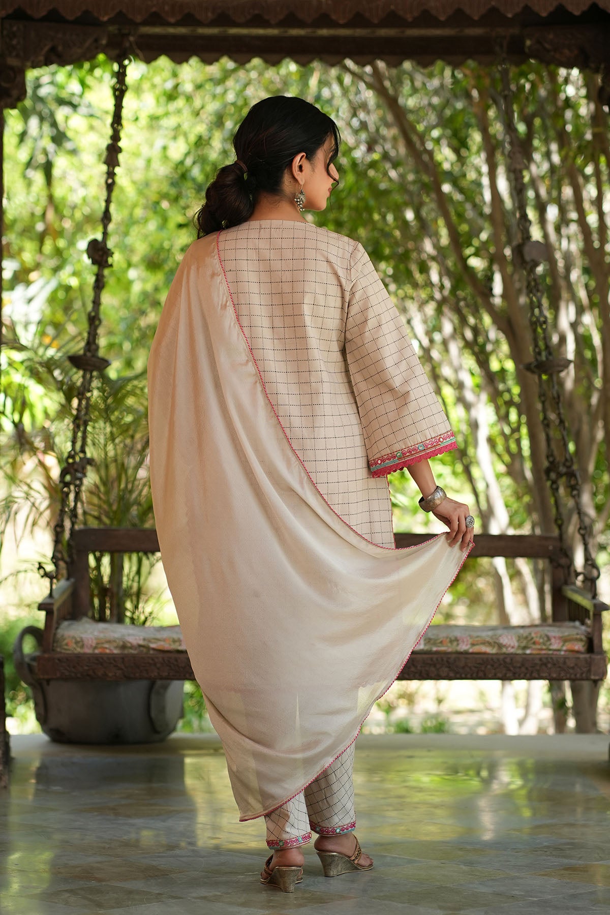 Beige Cotton Embroidered Straight Suit