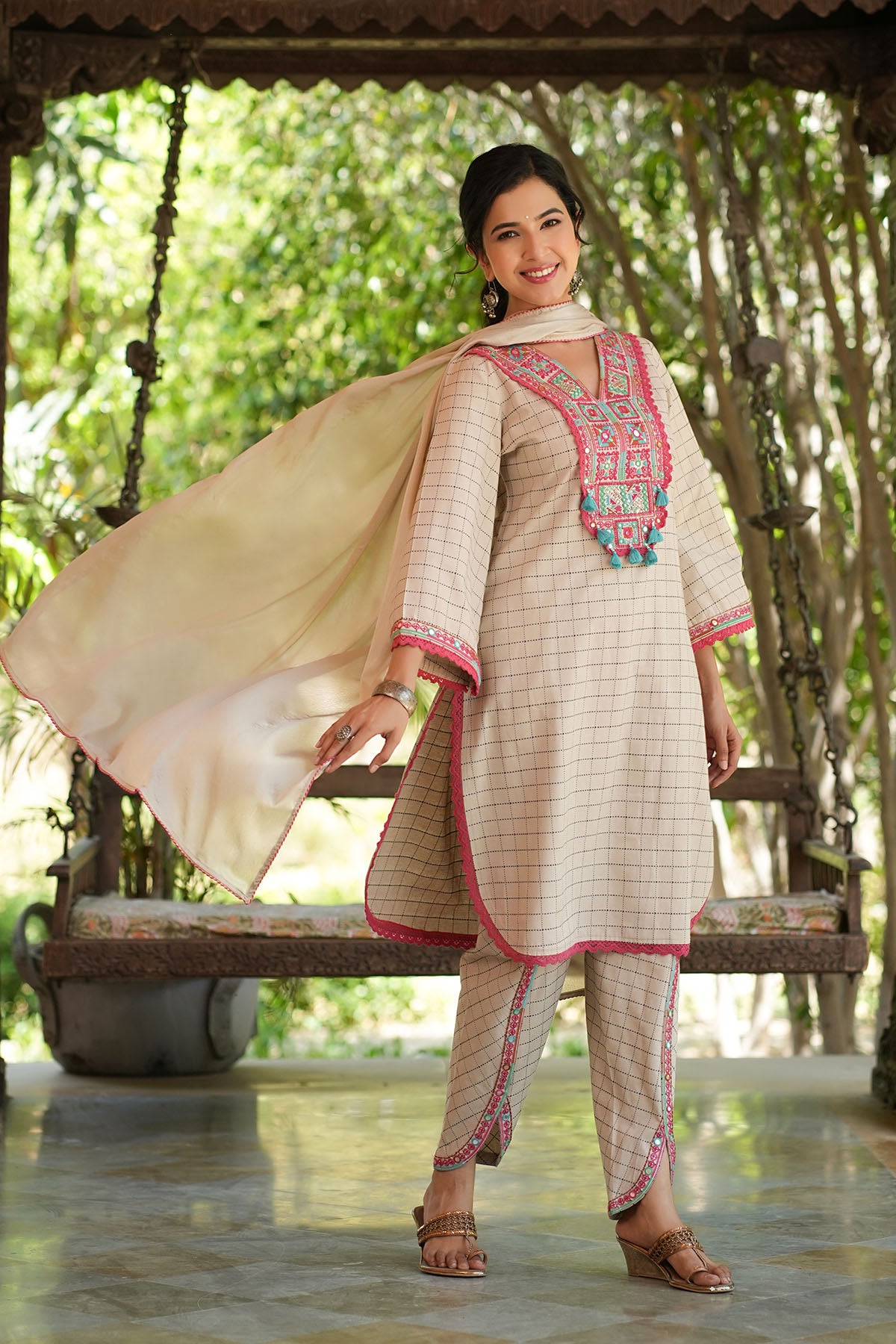 Beige Cotton Embroidered Straight Suit