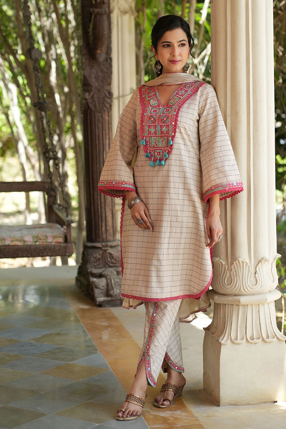 Beige Cotton Embroidered Straight Suit