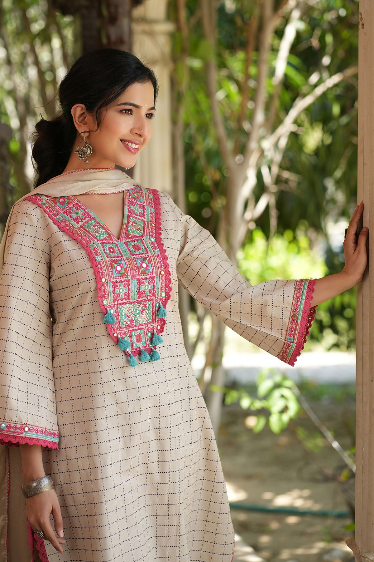 Beige Cotton Embroidered Straight Suit