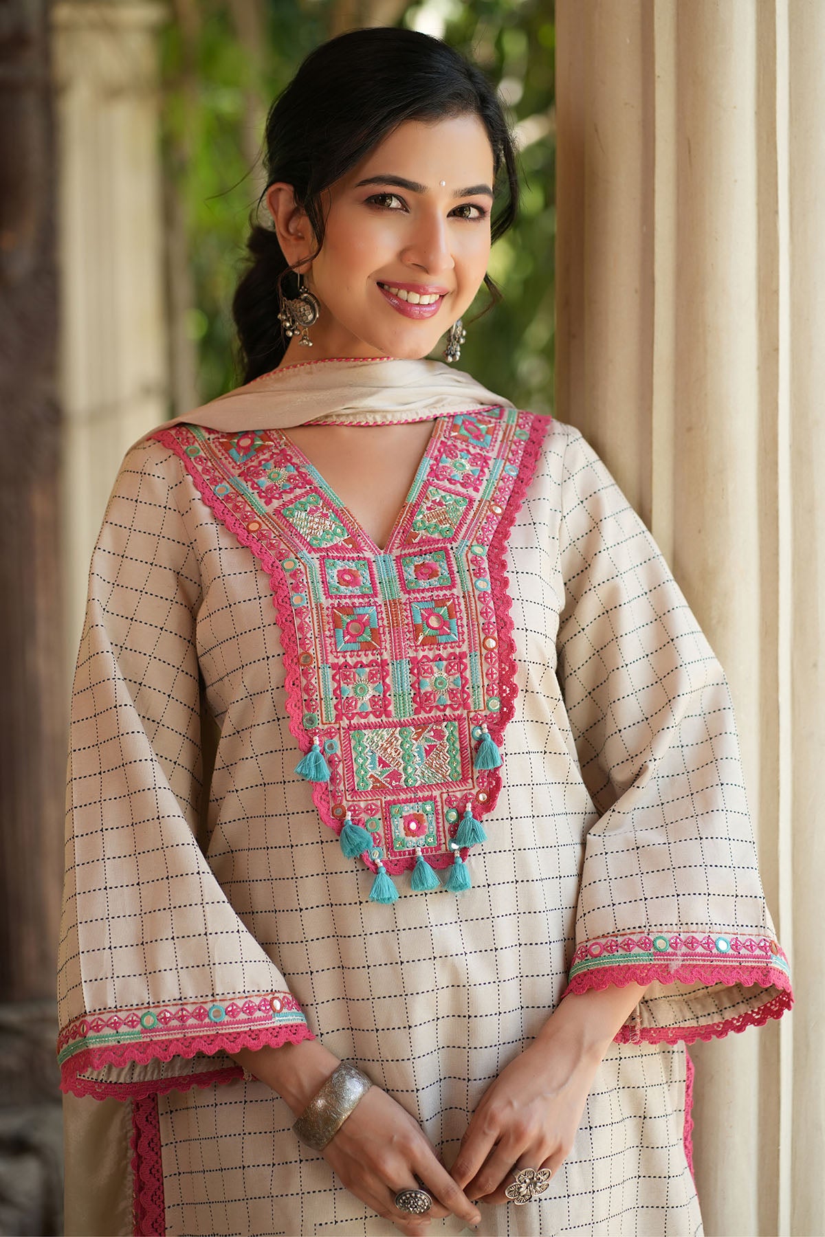 Beige Cotton Embroidered Straight Suit