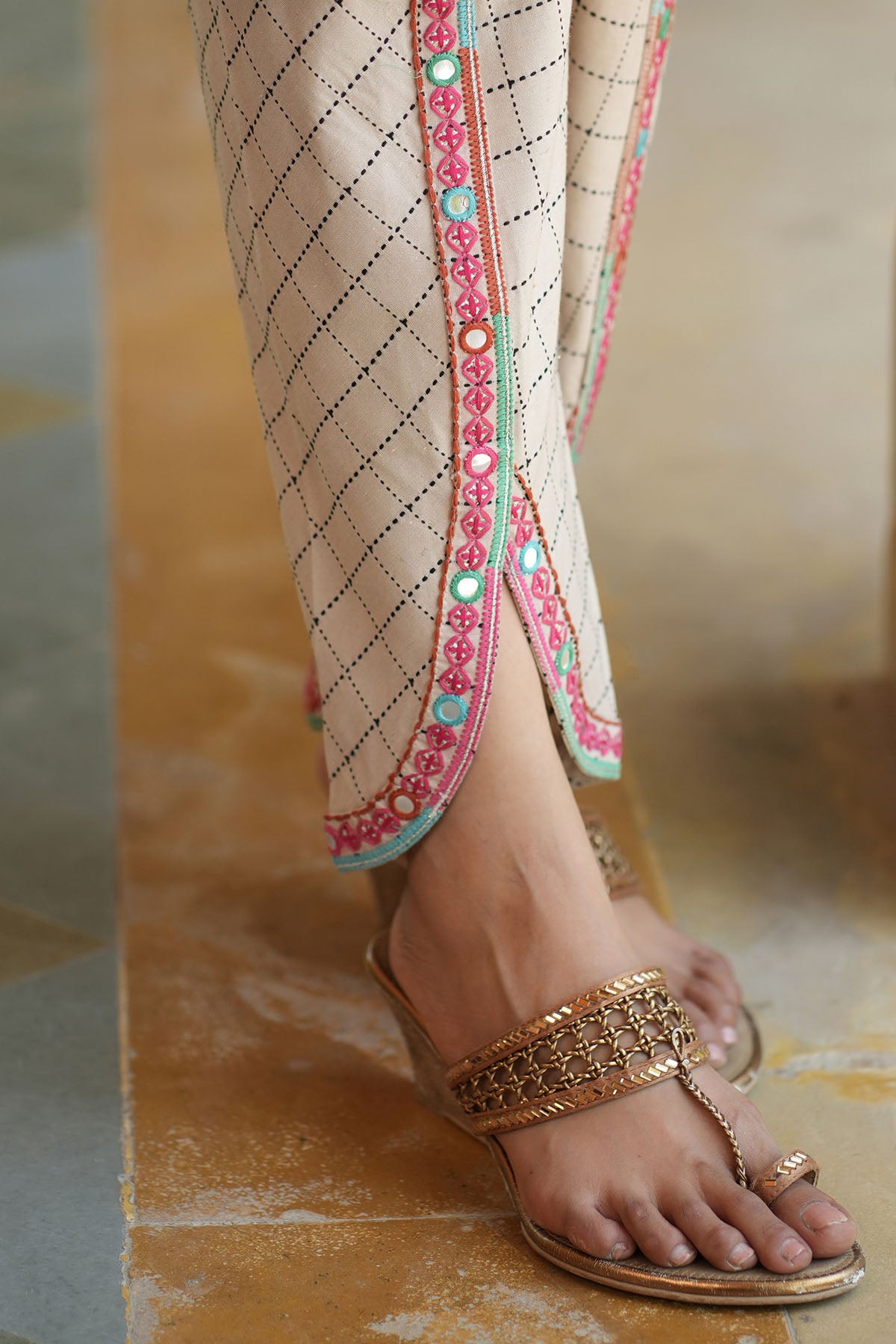 Beige Cotton Embroidered Straight Suit