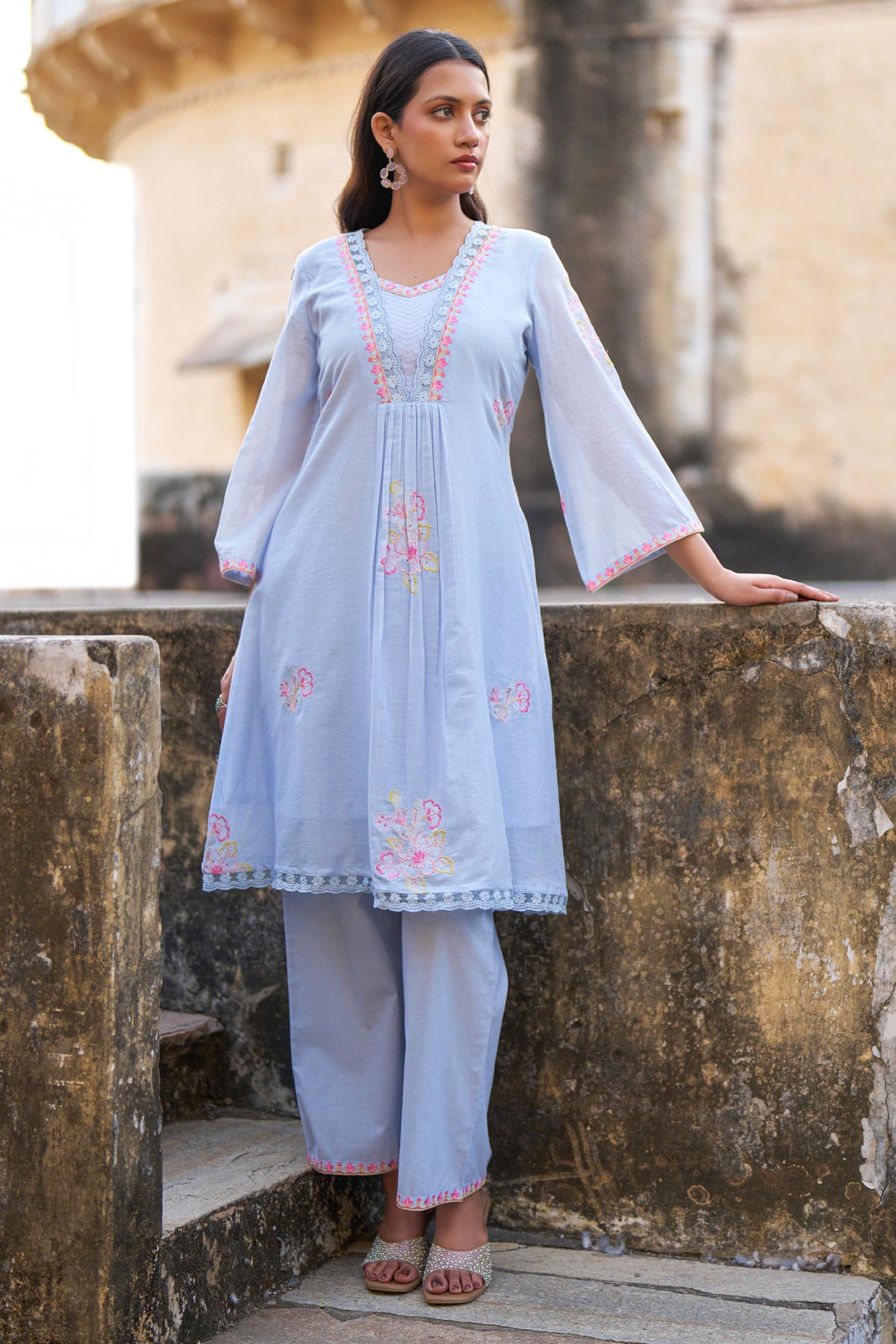 Blue Mul Mul Embroidered Co-ord Set