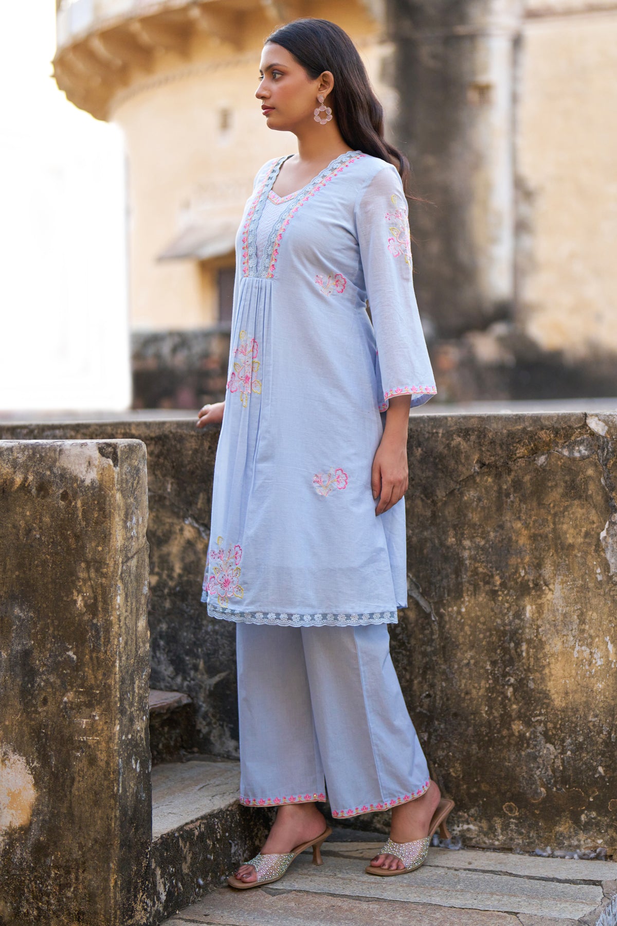 Blue Mul Mul Embroidered Co-ord Set