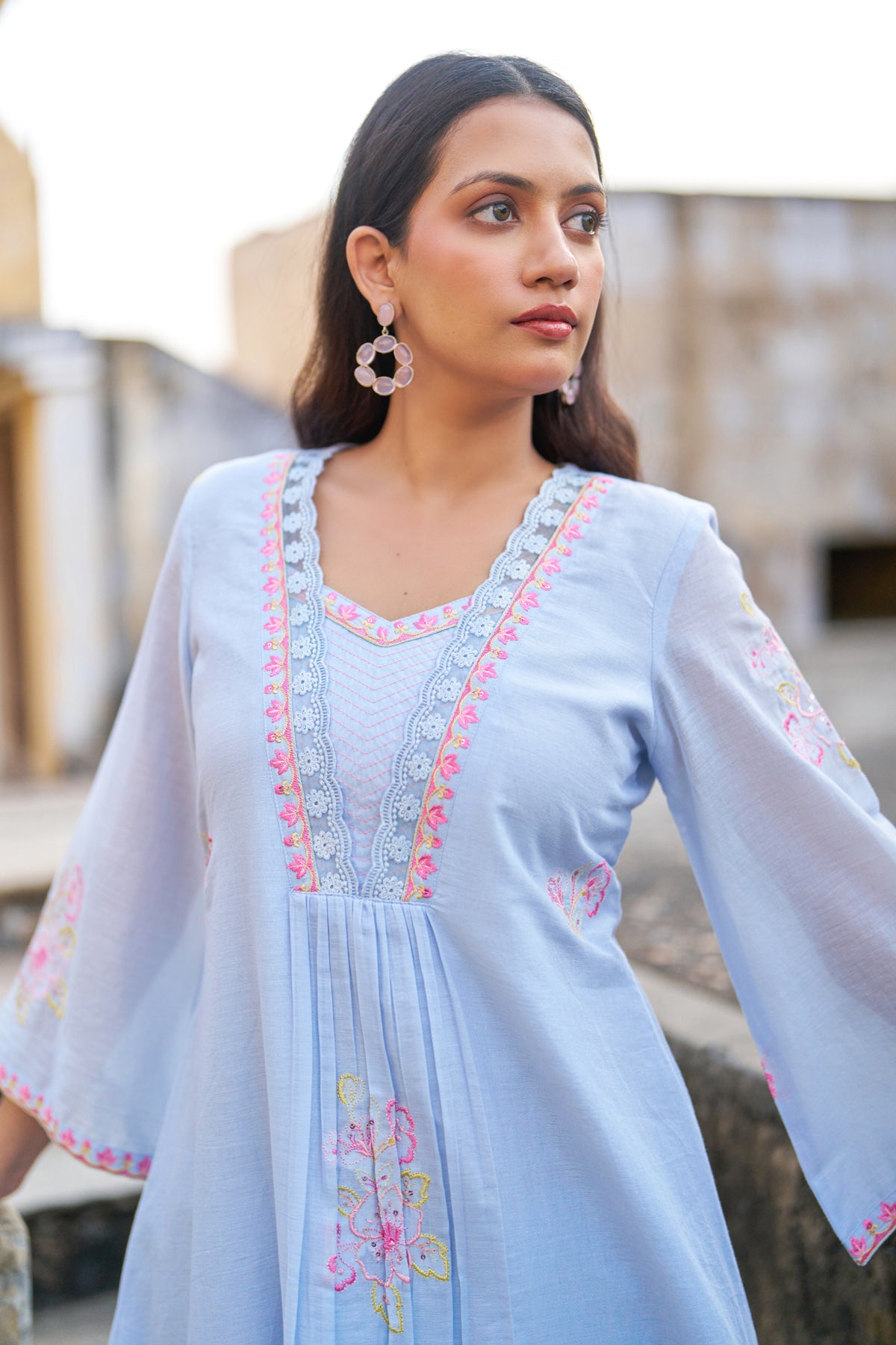 Blue Mul Mul Embroidered Co-ord Set