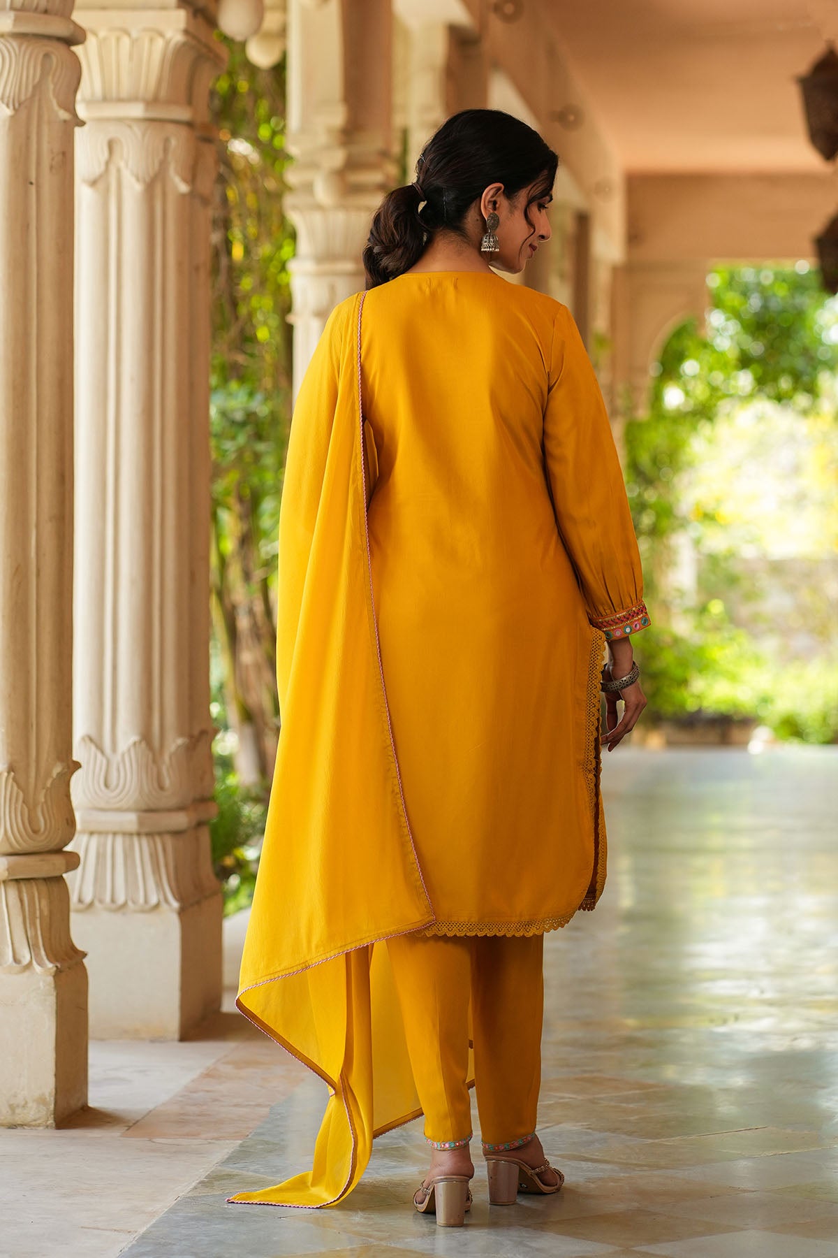 Yellow Cotton Embroidered Straight-Cut Suit
