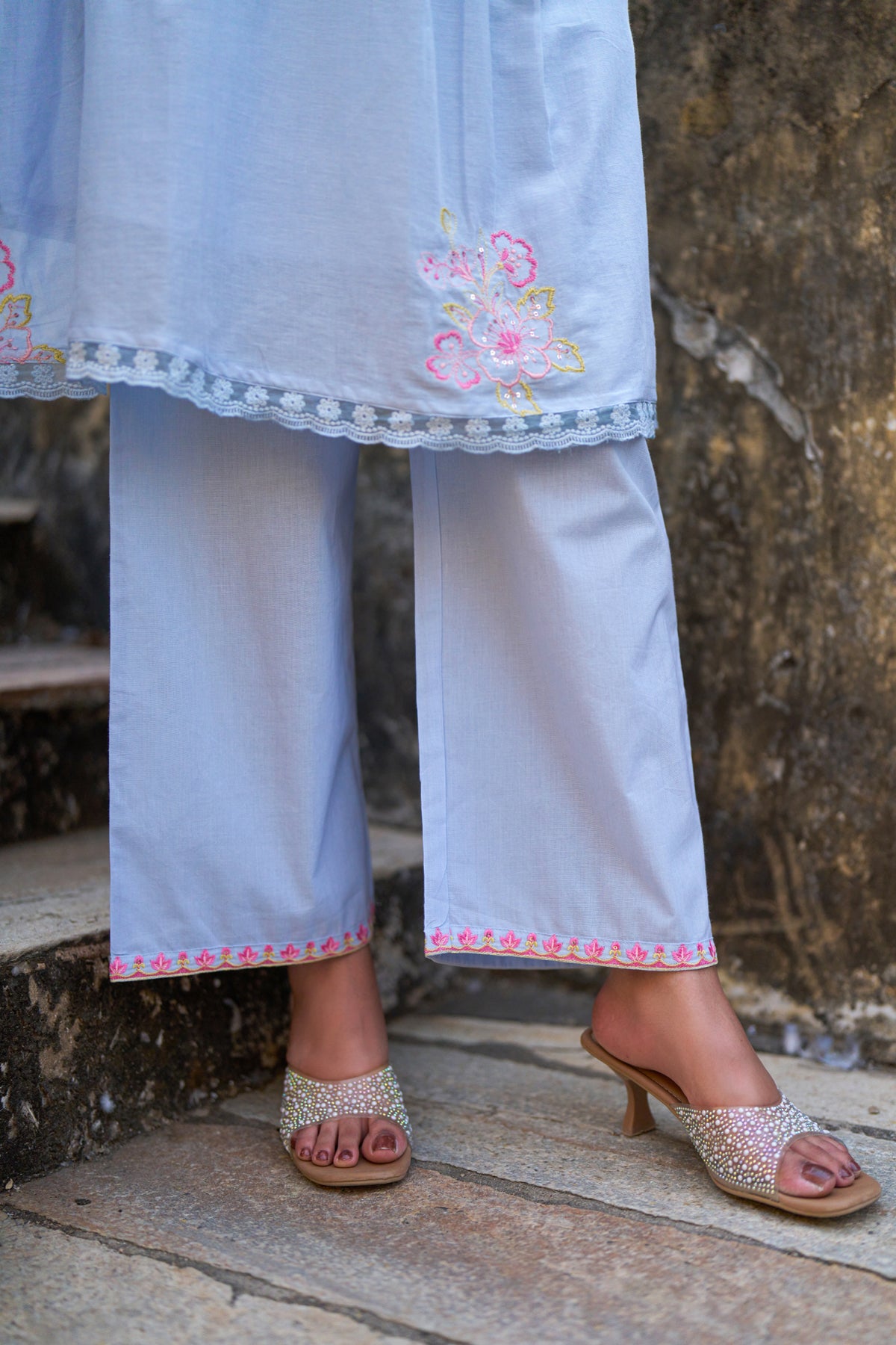 Blue Mul Mul Embroidered Co-ord Set