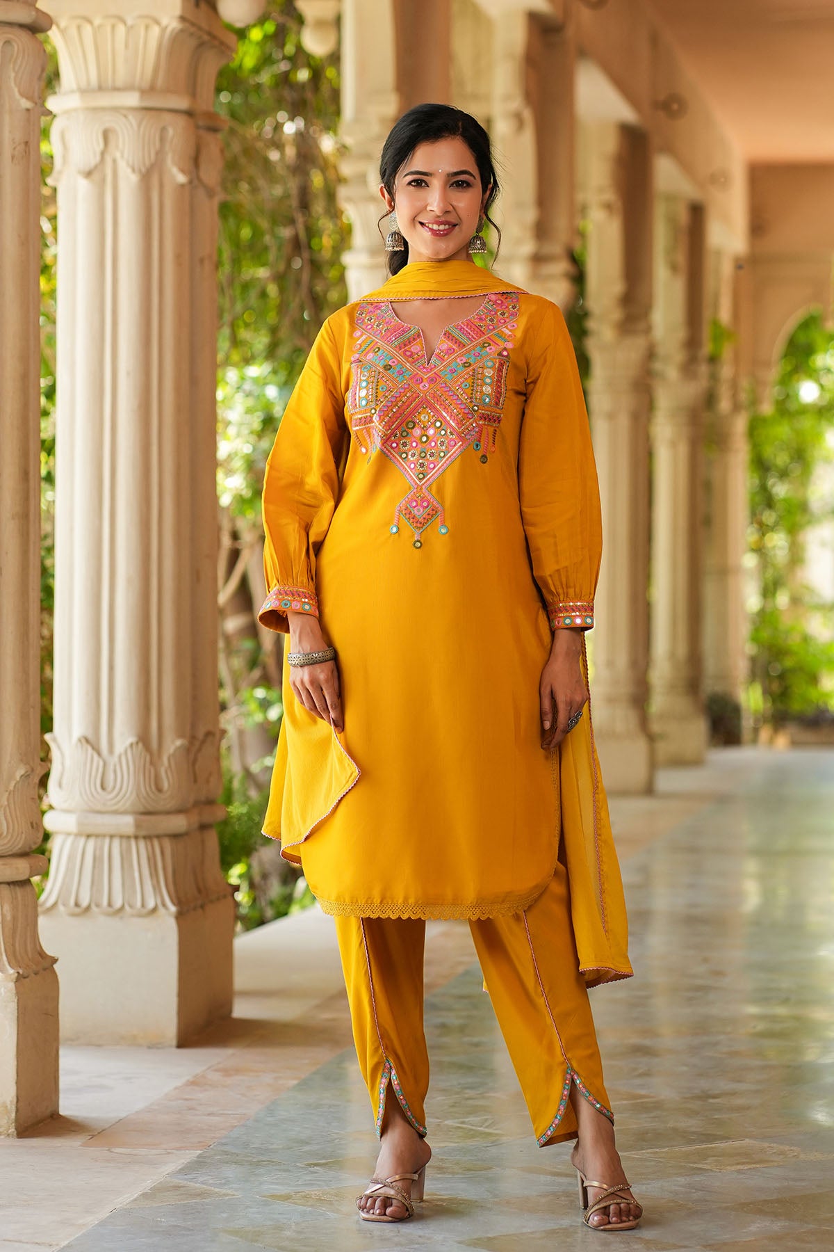 Yellow Cotton Embroidered Straight-Cut Suit