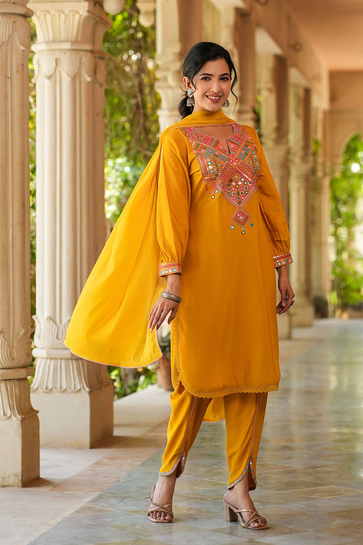 Yellow Cotton Embroidered Straight-Cut Suit