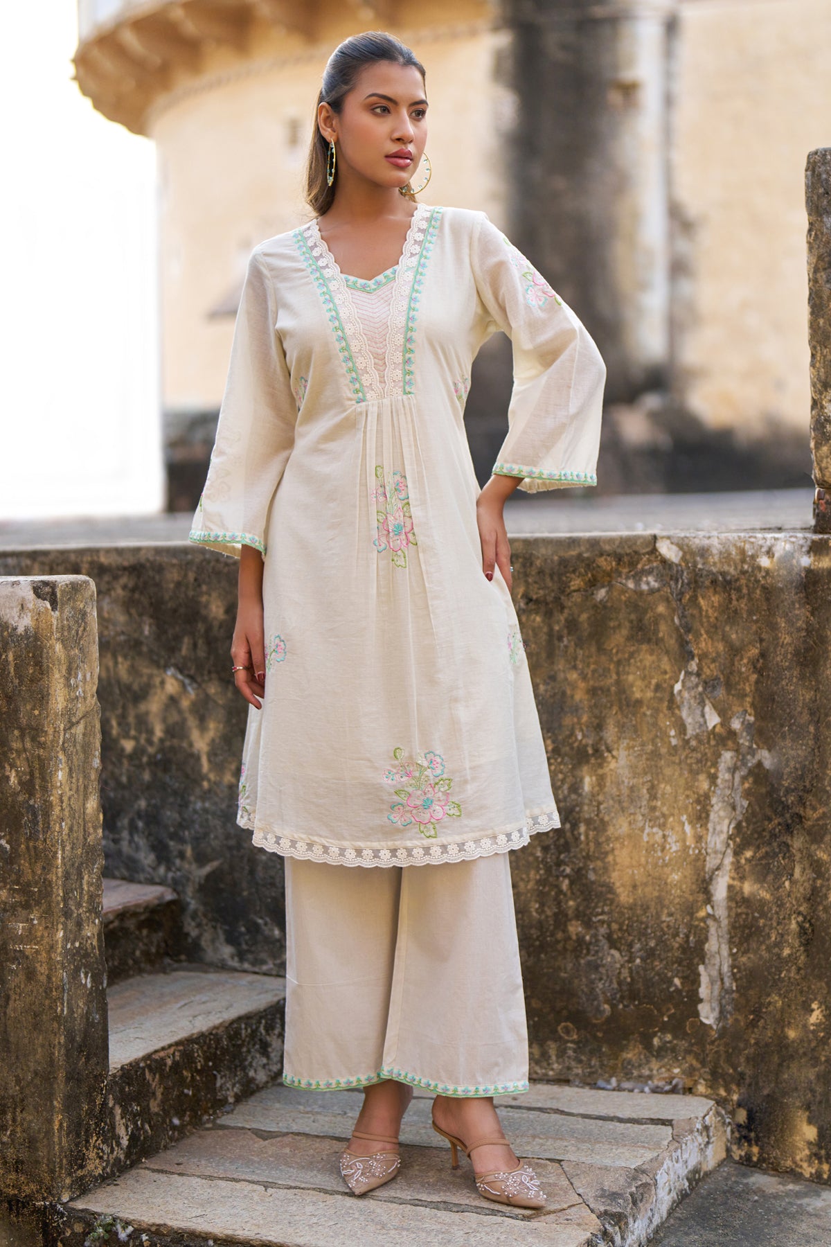 Cream Mul Mul Embroidered Cord Set