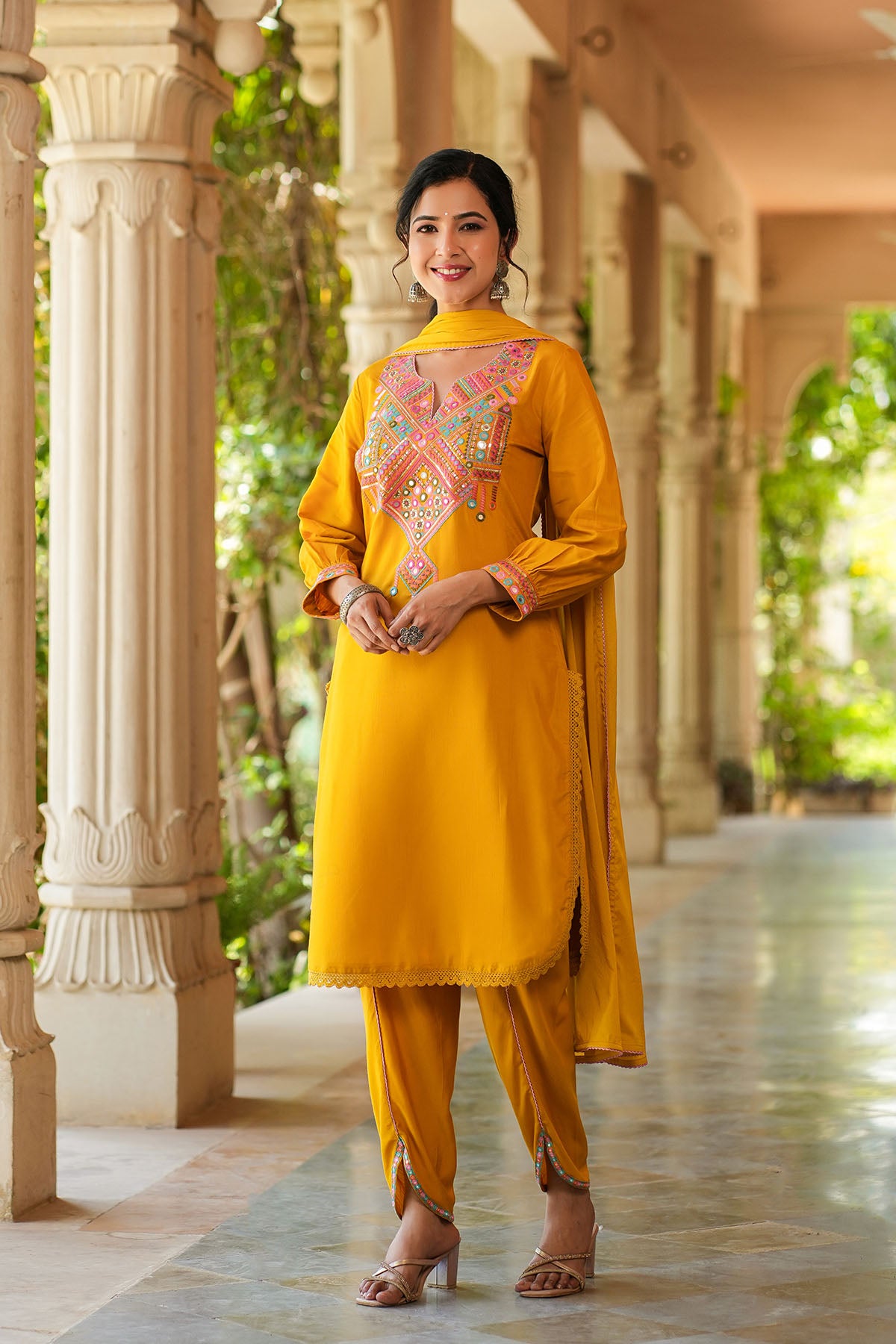 Yellow Cotton Embroidered Straight-Cut Suit