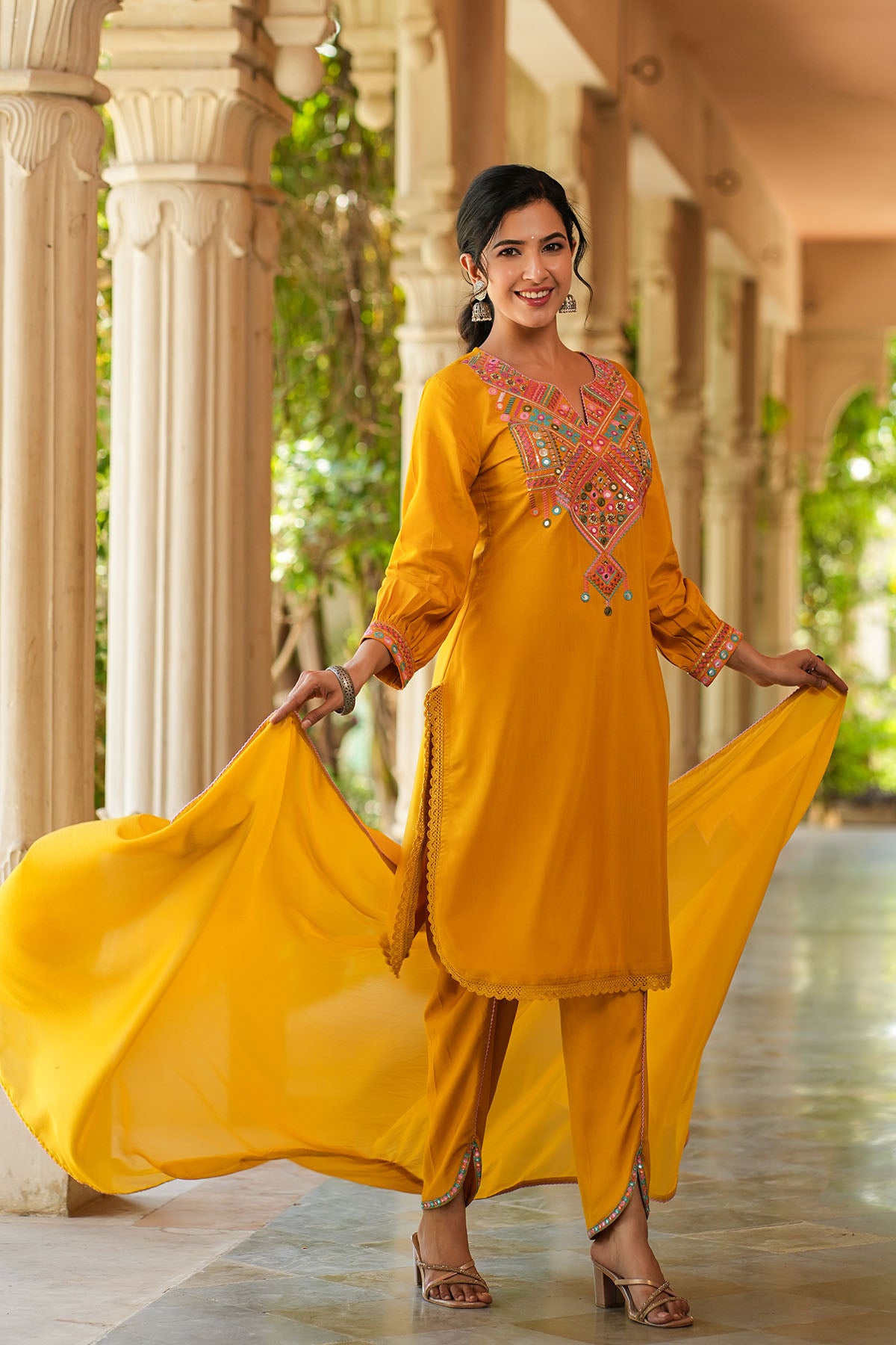 Yellow Cotton Embroidered Straight-Cut Suit