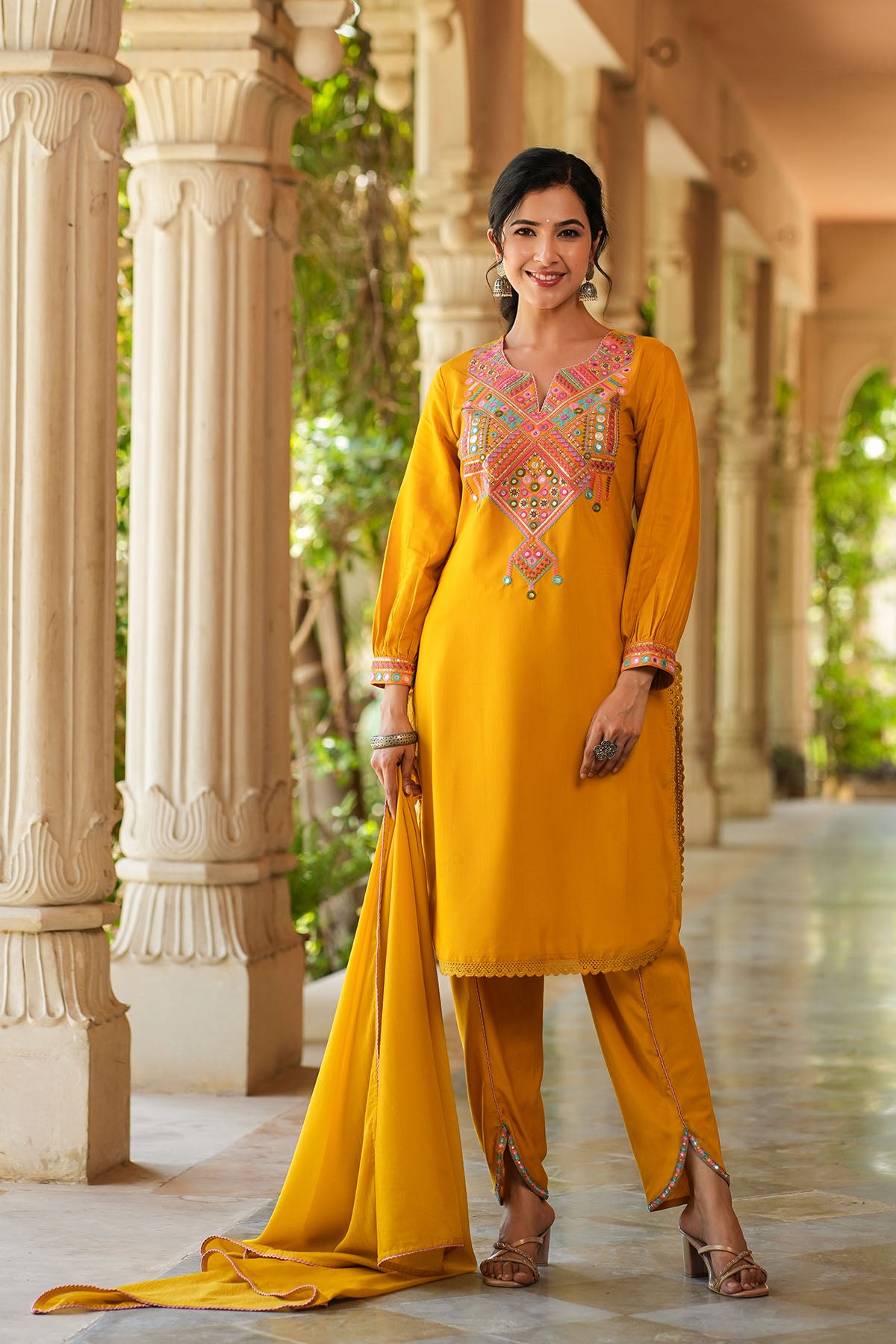 Yellow Cotton Embroidered Straight-Cut Suit