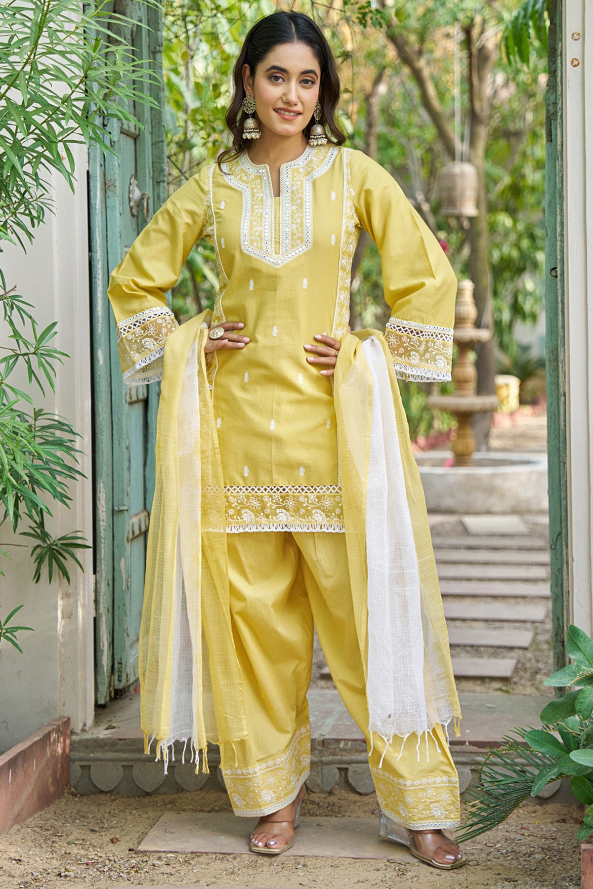 Yellow cotton embroidered Farshi Suit Set With Dupatta
