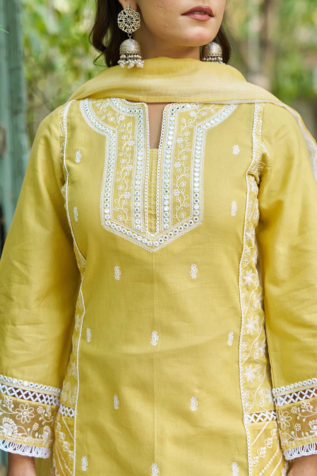 Yellow cotton embroidered Farshi Suit Set With Dupatta