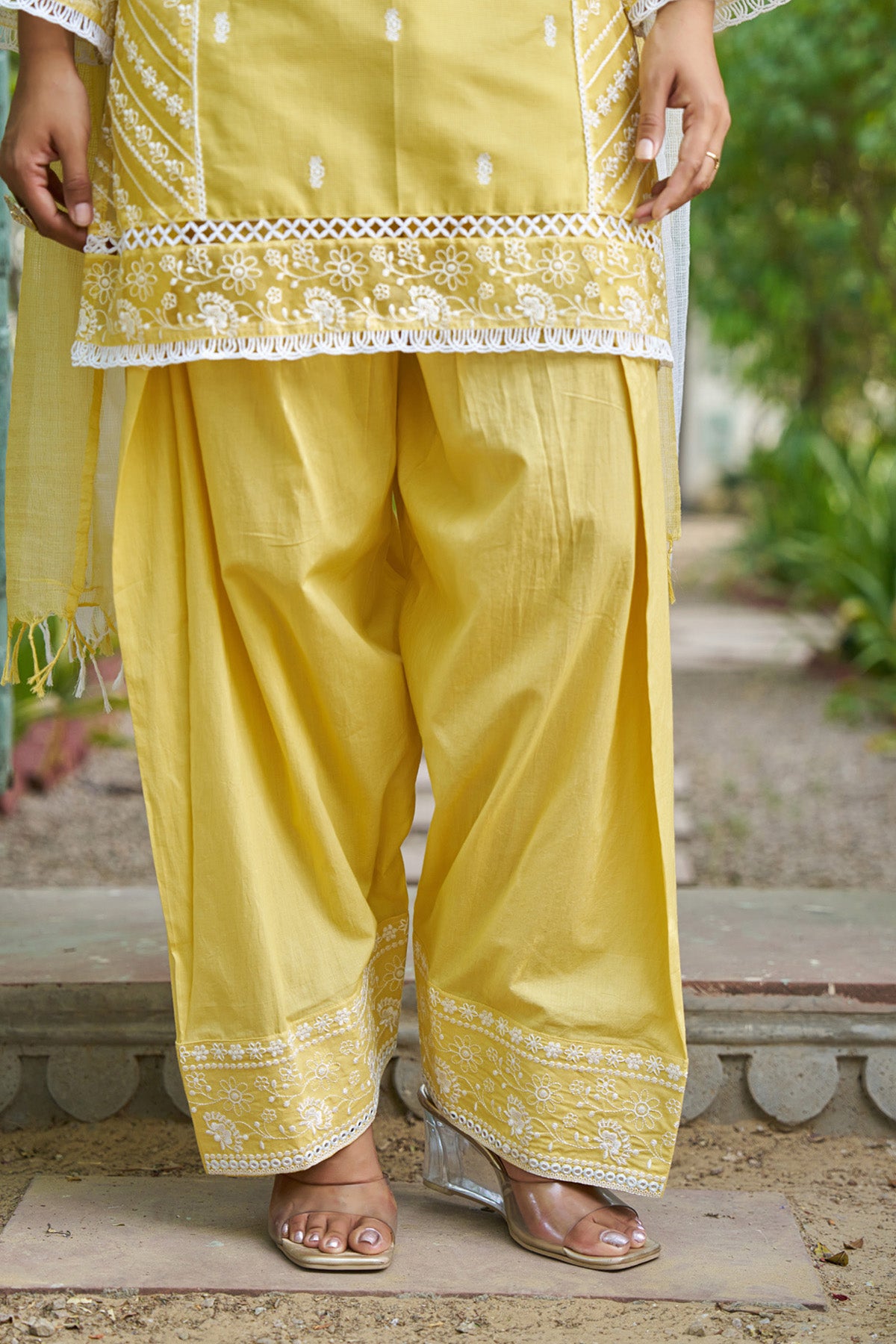 Yellow cotton embroidered Farshi Suit Set With Dupatta