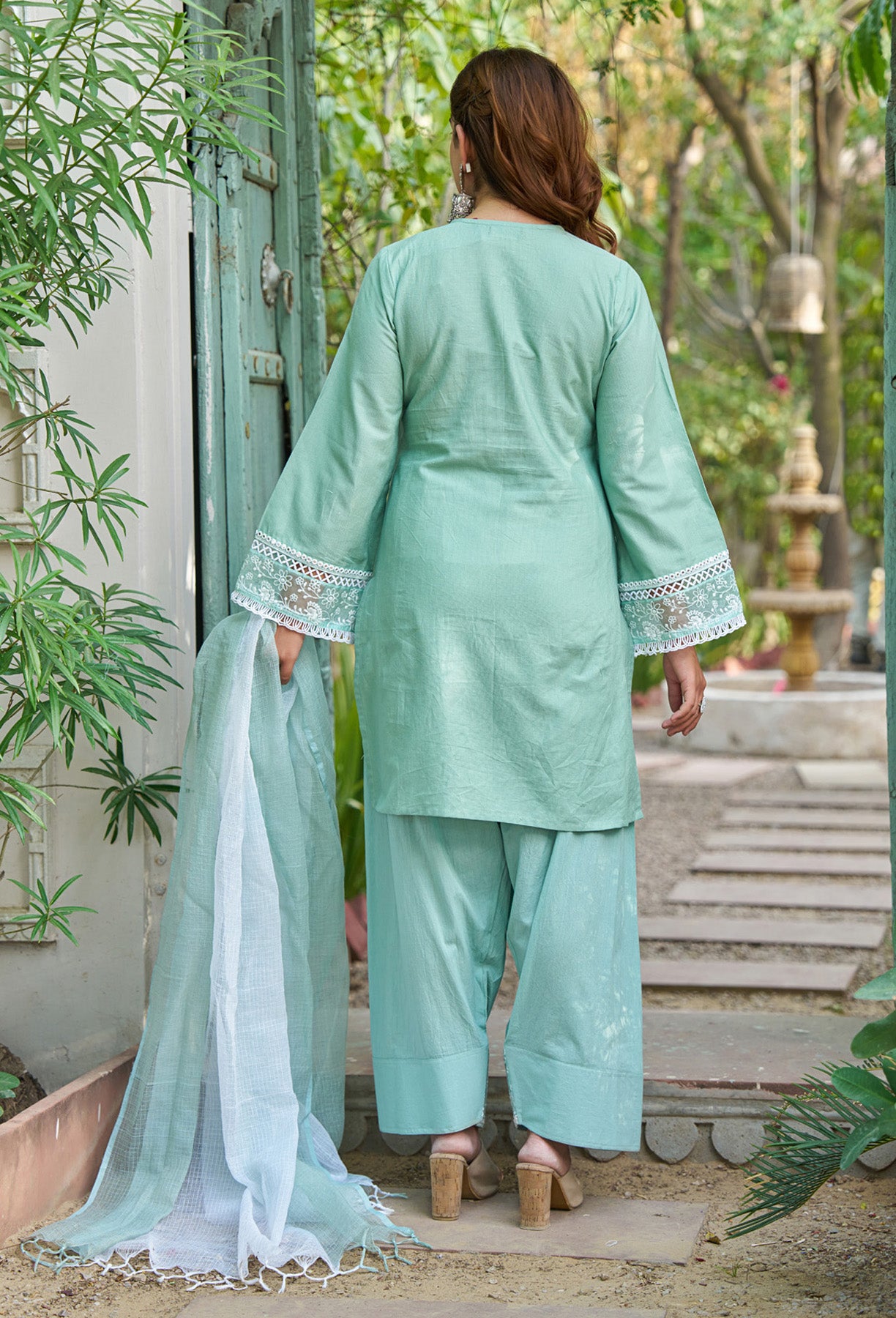 Sky Blue cotton embroidered Farshi Suit Set With Dupatta