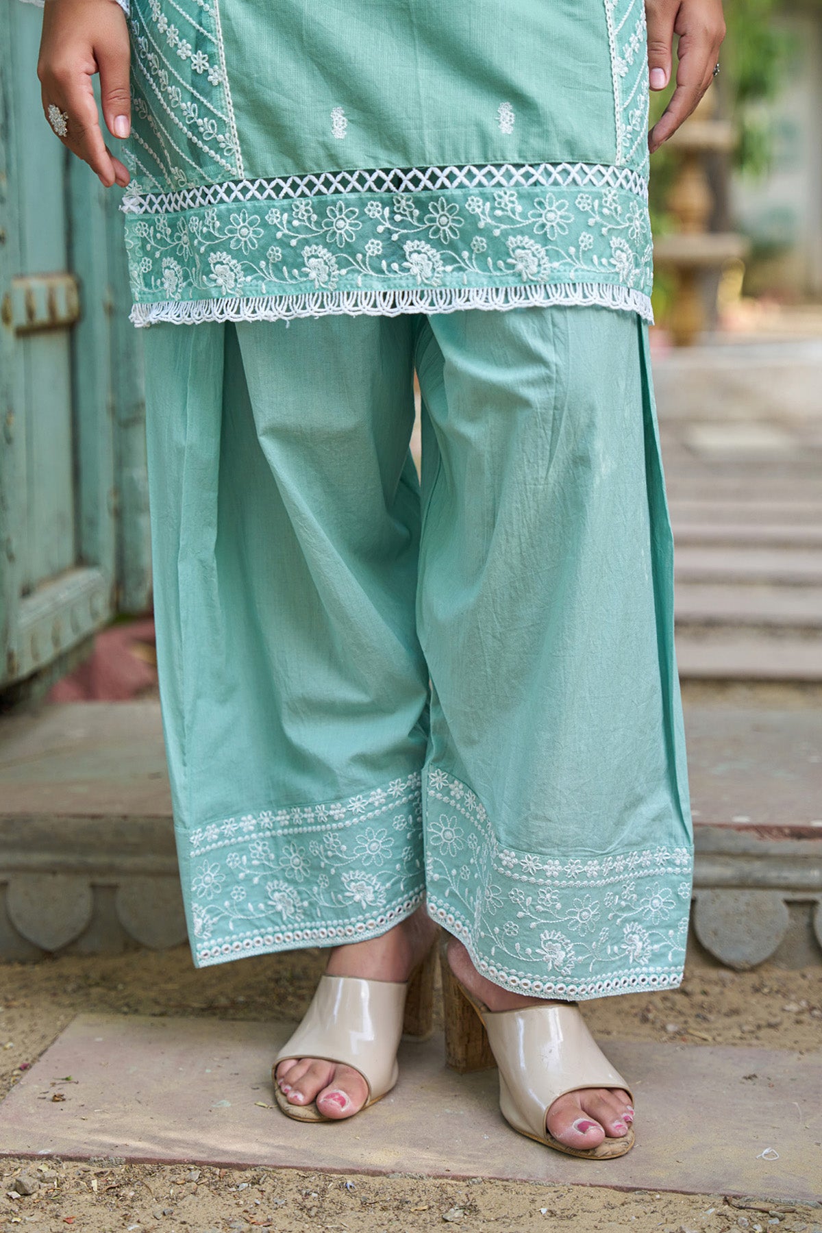 Sky Blue cotton embroidered Farshi Suit Set With Dupatta