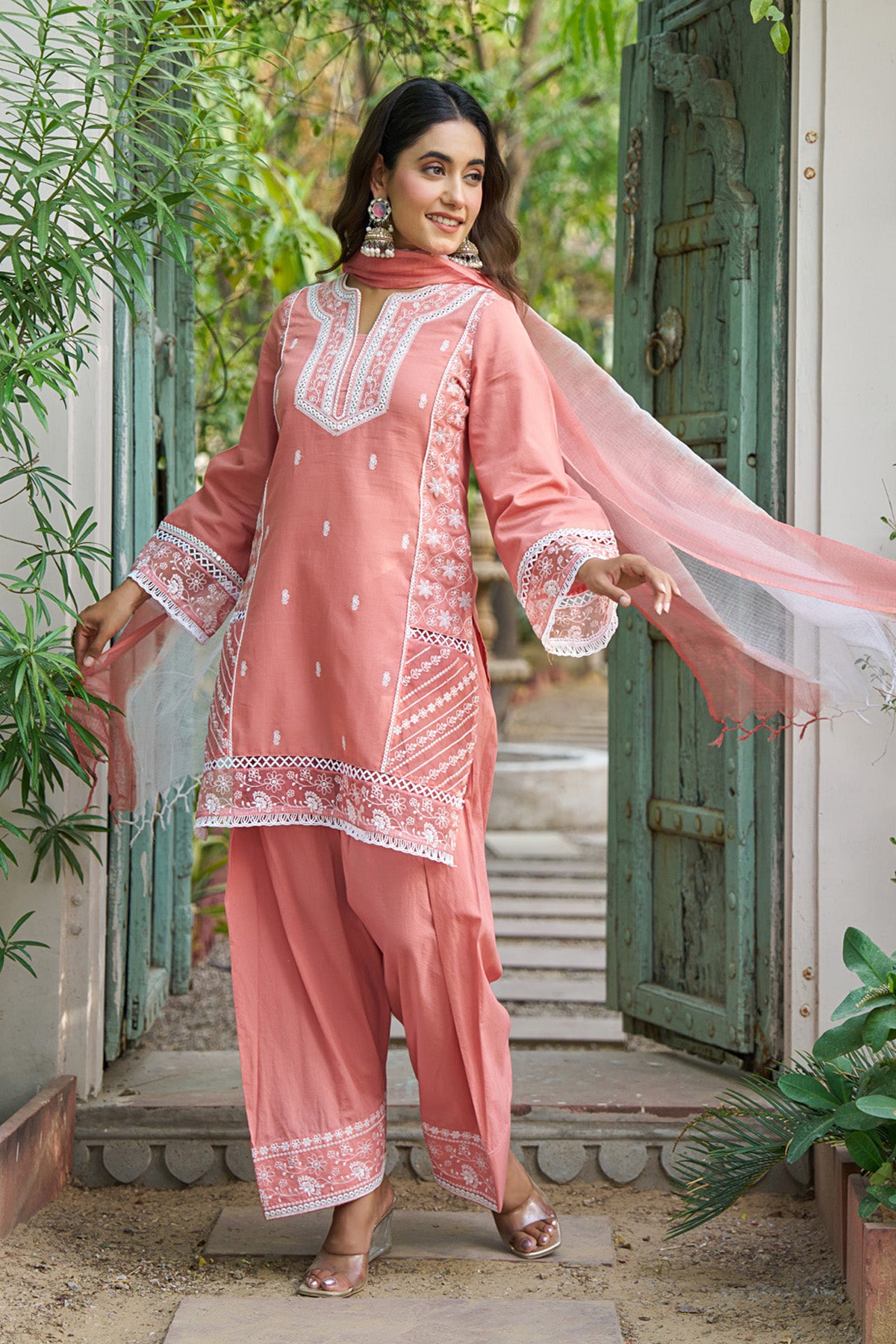 Pink cotton embroidered Farshi Suit Set With Dupatta