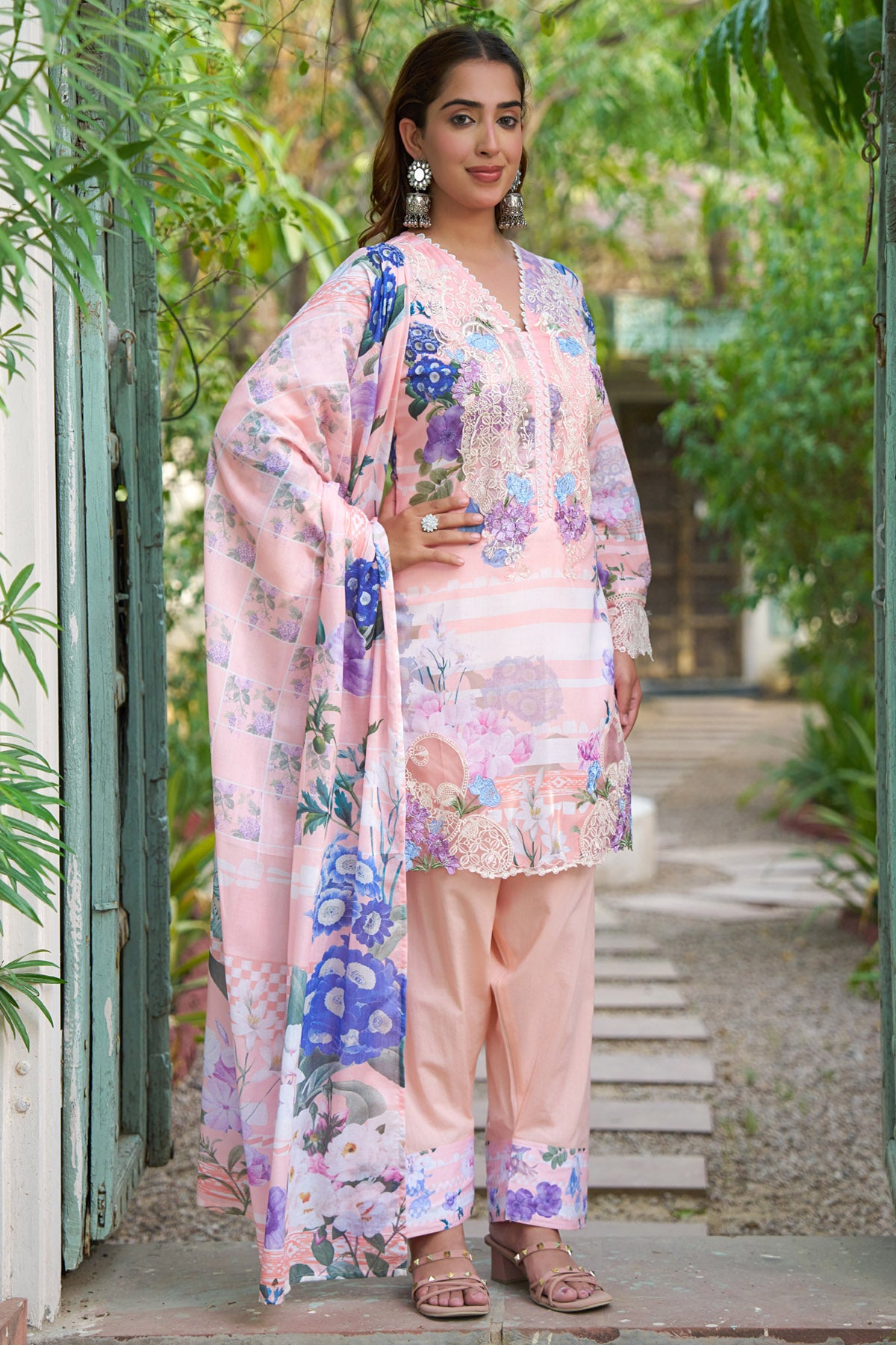 Peach cotton embroidered Farshi Suit Set With Dupatta