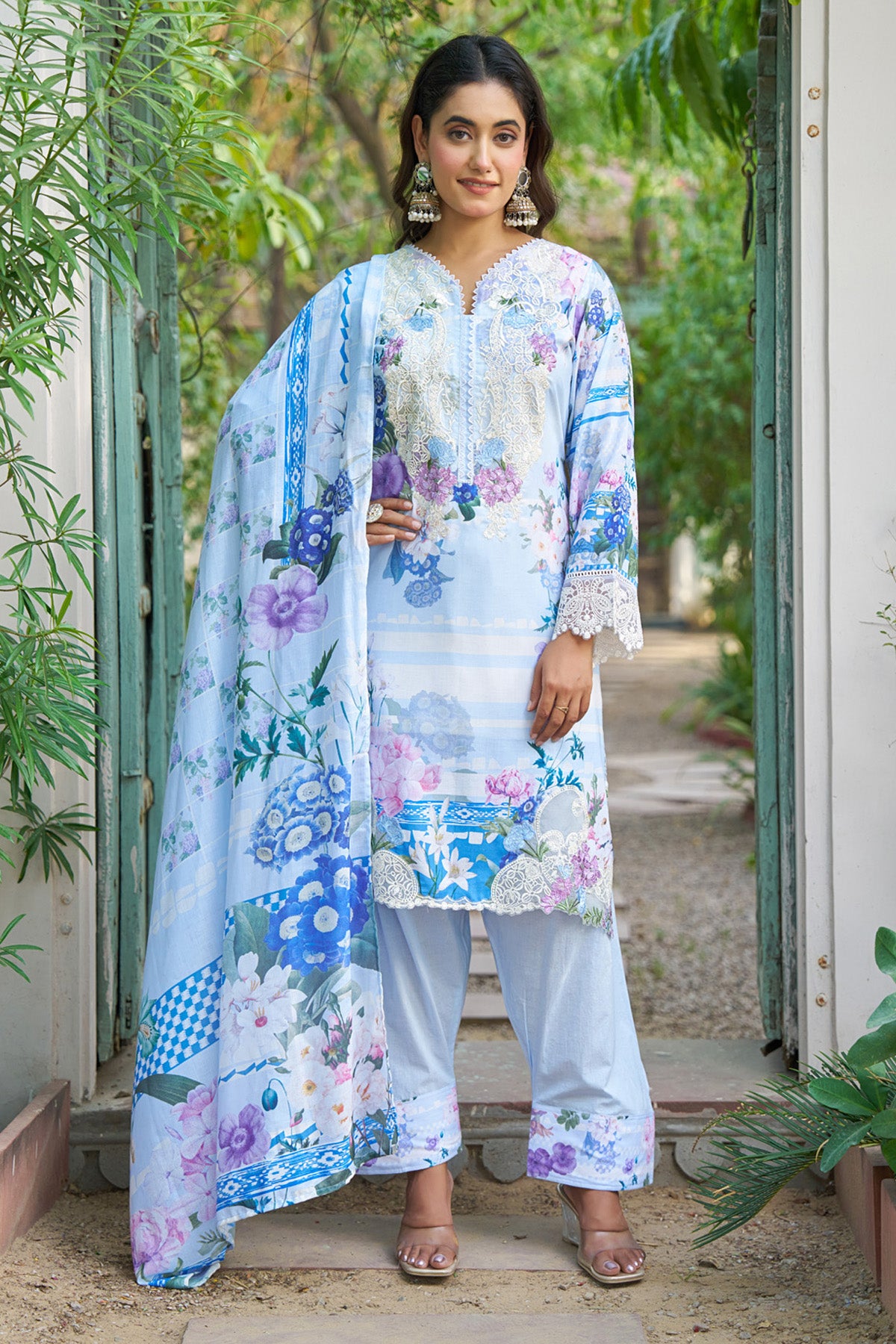Blue cotton embroidered Farshi Suit Set With Dupatta